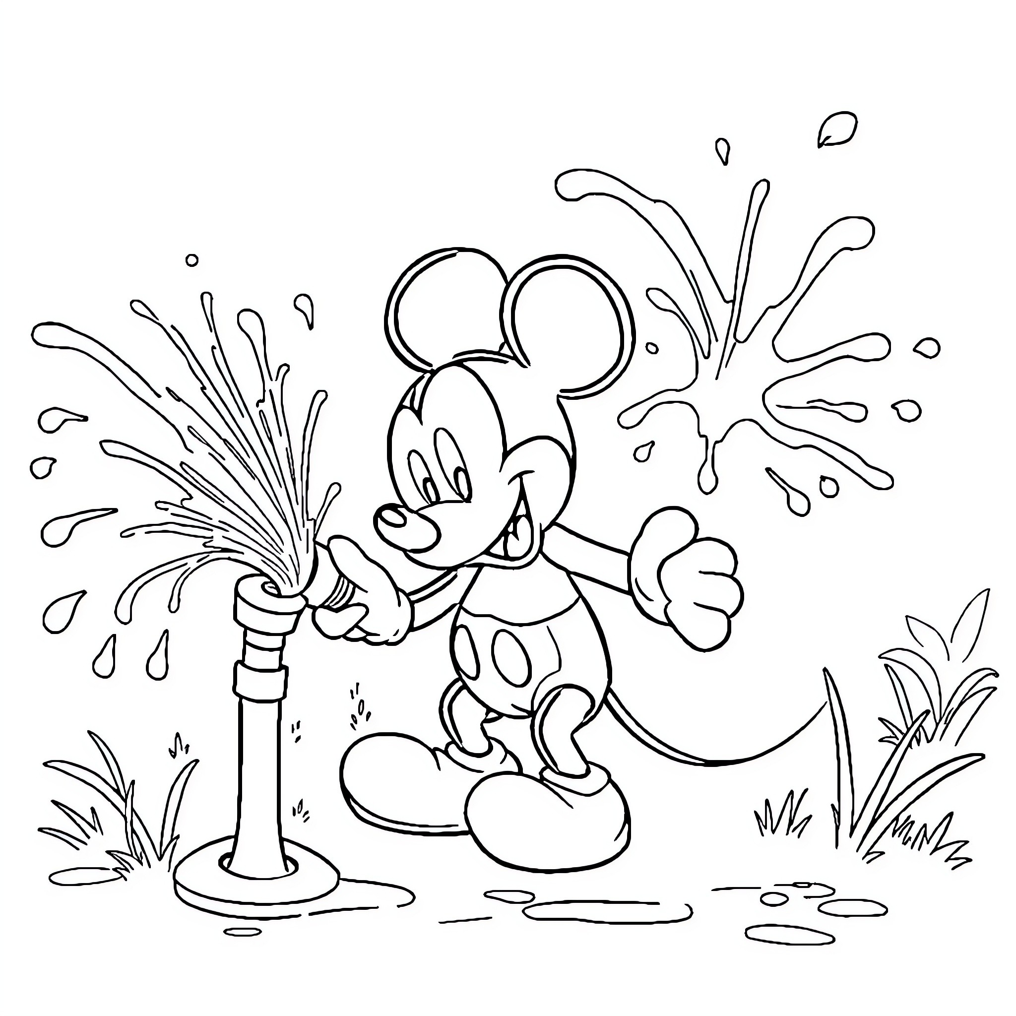 Mickey Mouse enjoying summer sprinklers in nature Coloring Page (free black-and-white line drawing printable PDF for all, from beginners to advanced learners, including children, teens, adults, and seniors)