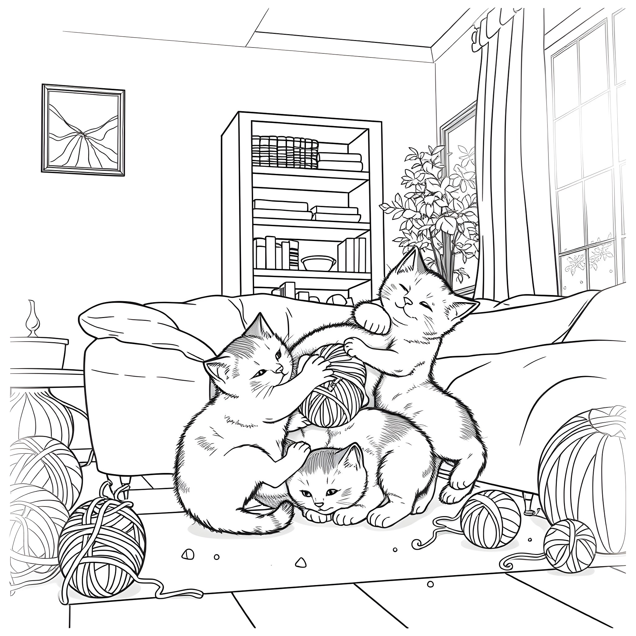 Cats cuddling on a cozy couch Coloring Page (free black-and-white line drawing printable PDF for all, from beginners to advanced learners, including children, teens, adults, and seniors)