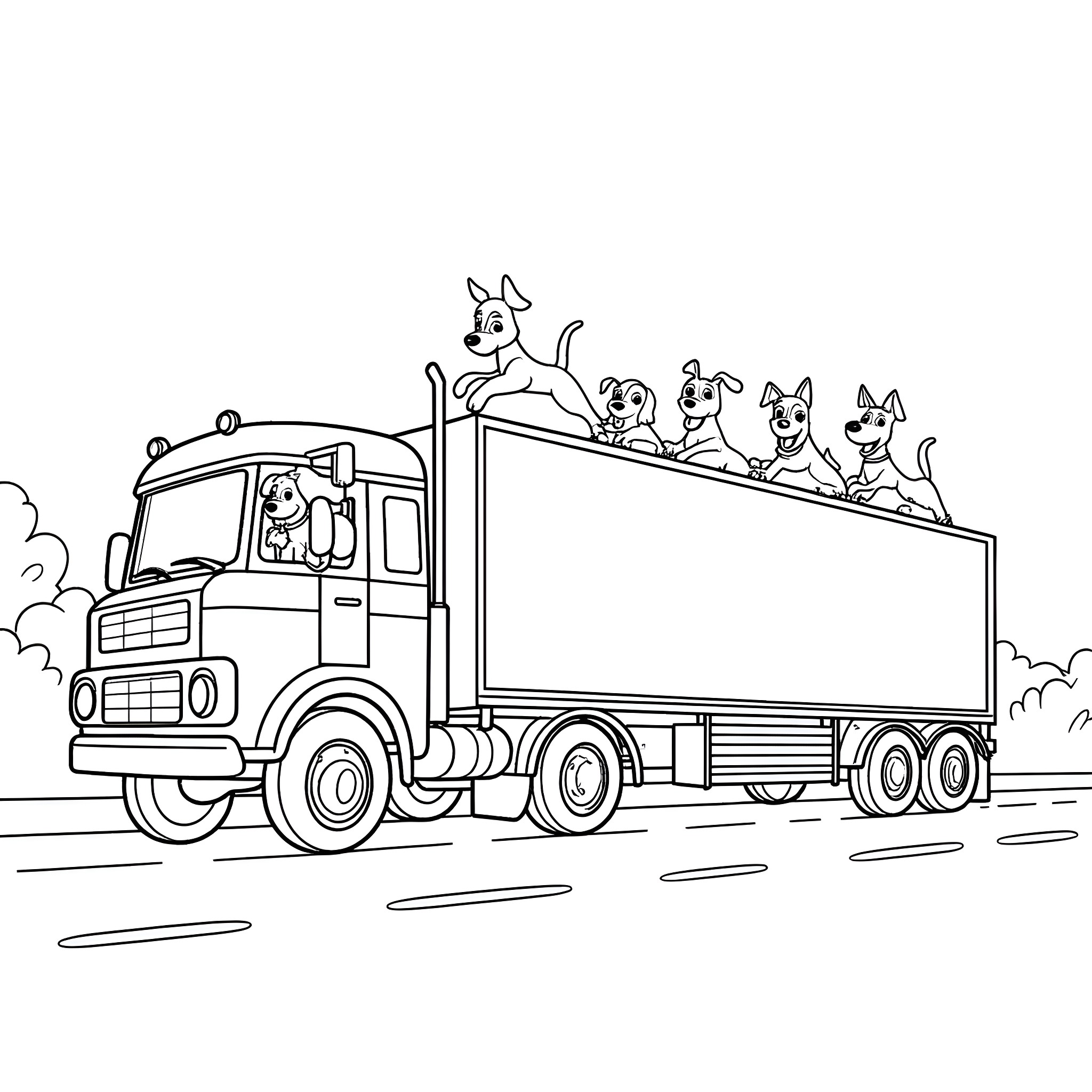 Dog friends riding on the truck Coloring Page (free black-and-white line drawing printable PDF for all, from beginners to advanced learners, including children, teens, adults, and seniors)