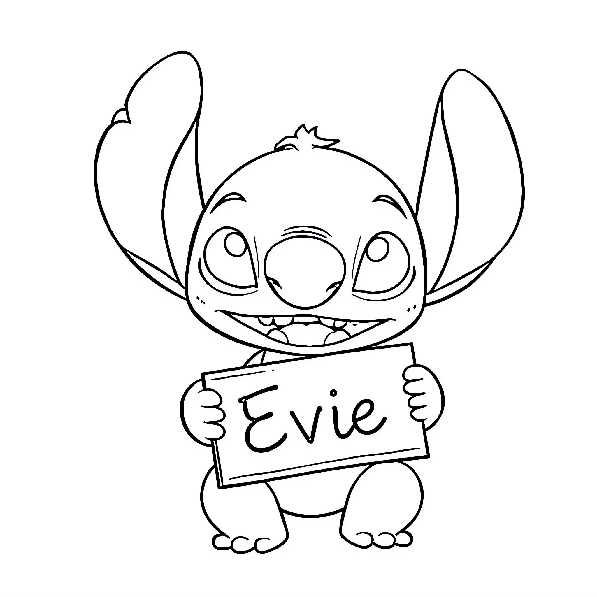 Stitch holding a sign with his name Coloring Page (free black-and-white line drawing printable PDF for all, from beginners to advanced learners, including children, teens, adults, and seniors)