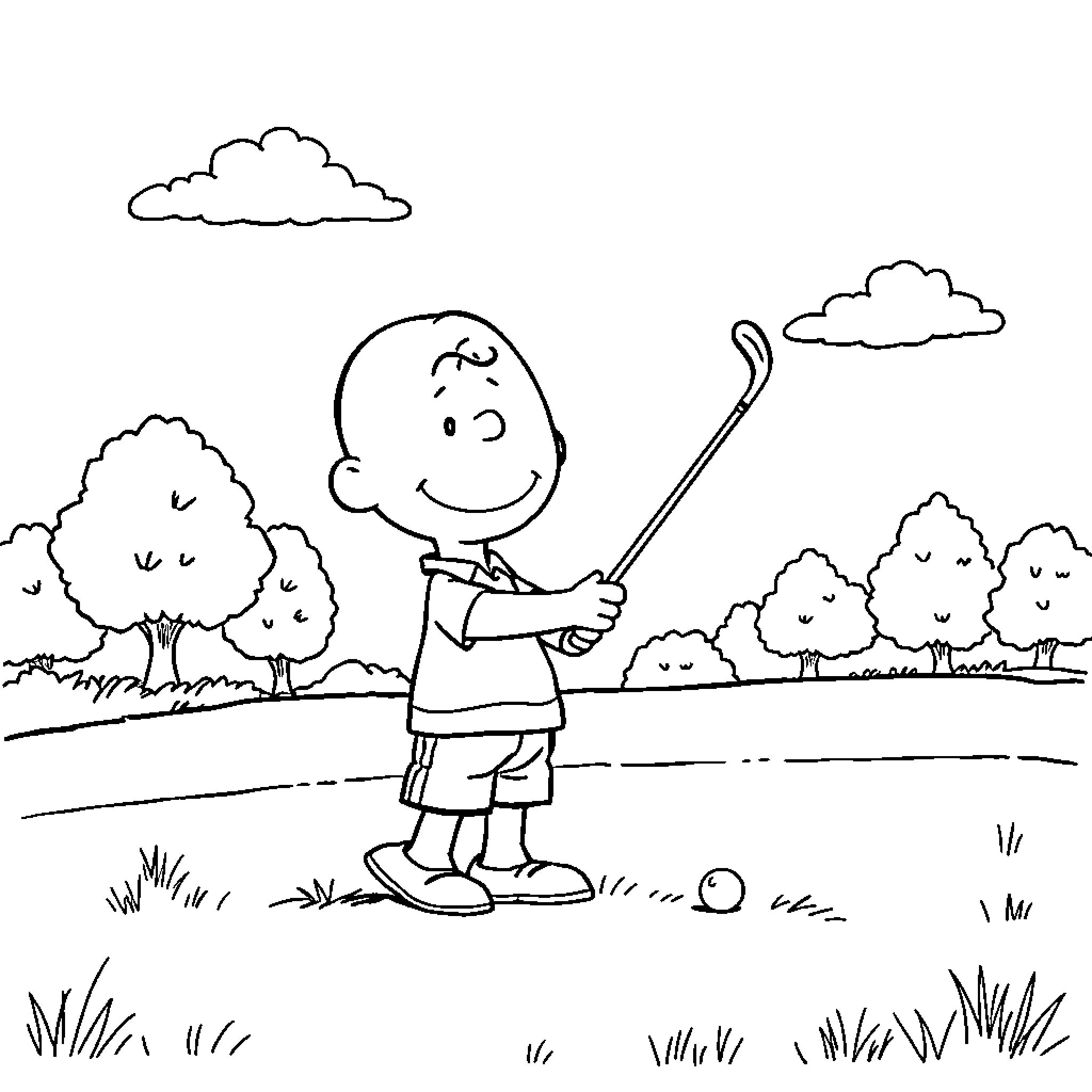 Charlie Brown playing golf in the park Coloring Page (free black-and-white line drawing printable PDF for all, from beginners to advanced learners, including children, teens, adults, and seniors)