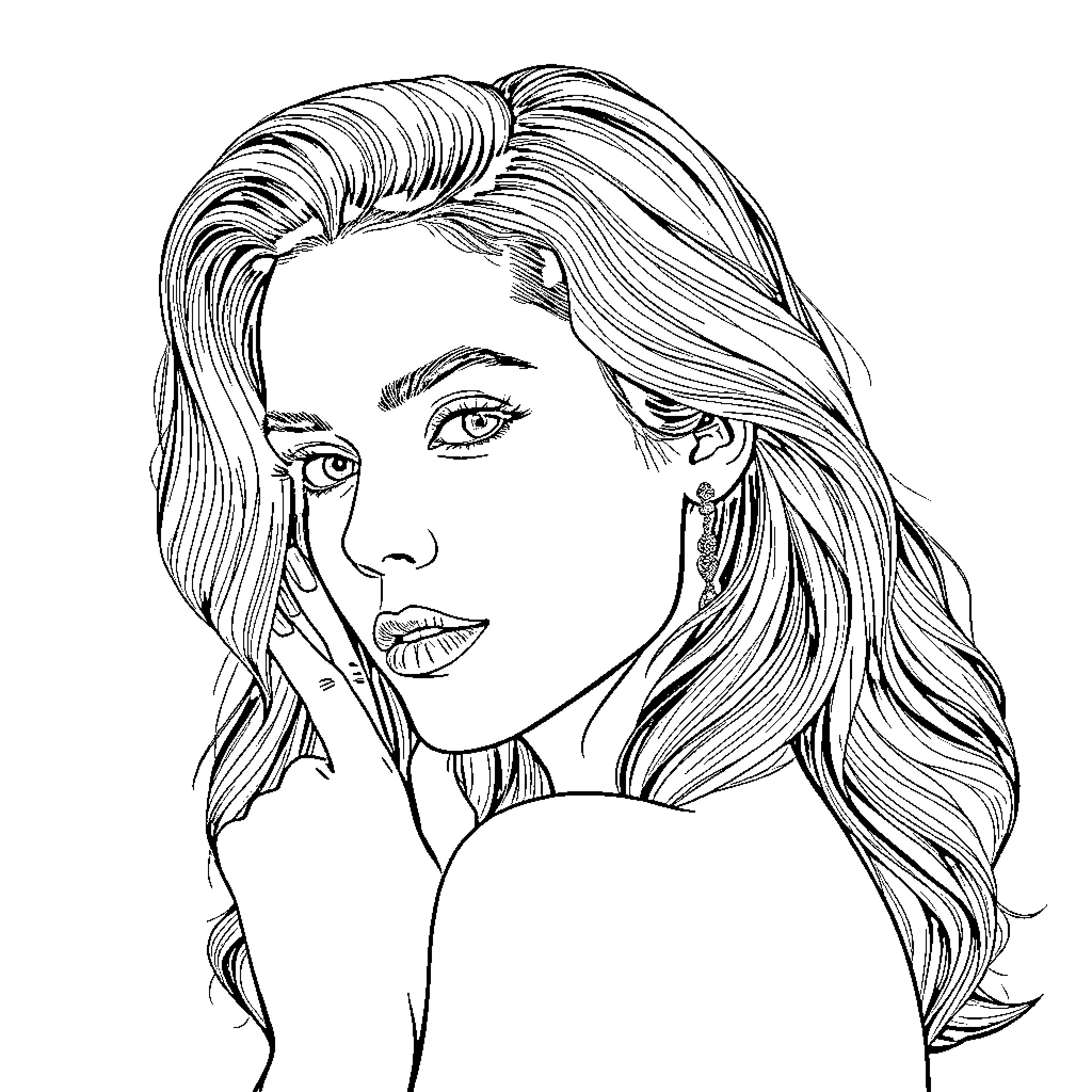 Elizabeth Olsen portraying a thoughtful expression Coloring Page (free black-and-white line drawing printable PDF for all, from beginners to advanced learners, including children, teens, adults, and seniors)