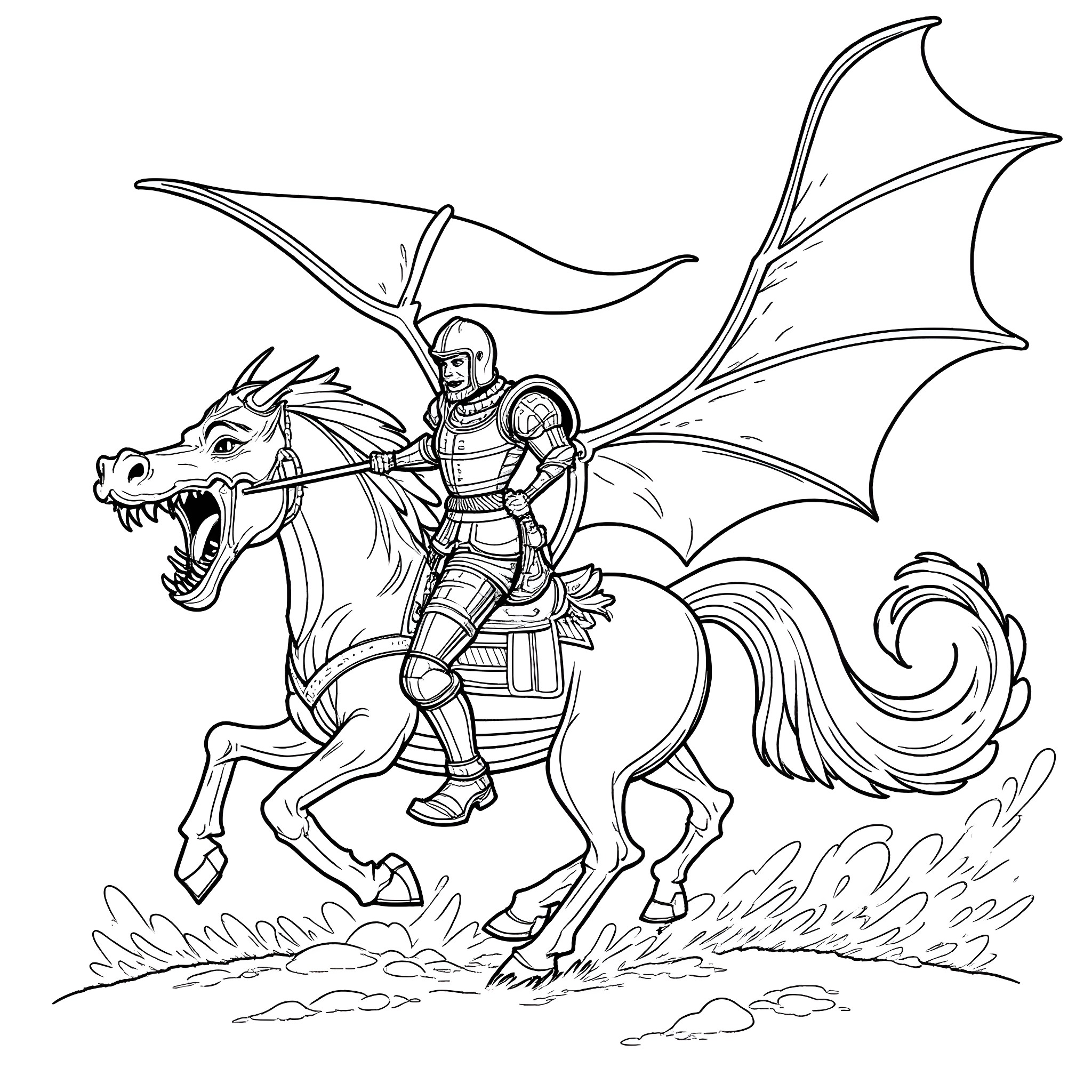 Knight riding a ferocious dragon into battle Coloring Page (free black-and-white line drawing printable PDF for all, from beginners to advanced learners, including children, teens, adults, and seniors)