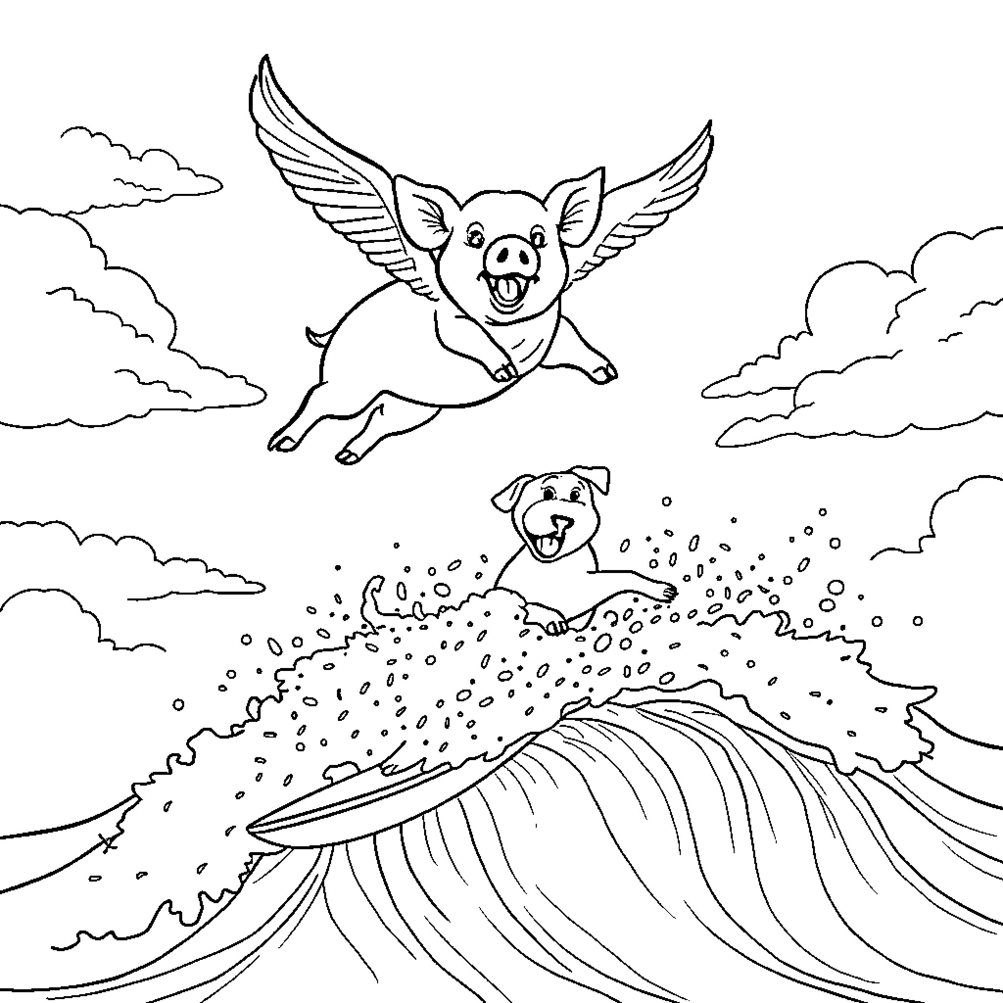 Flying Pig soaring over crashing waves with playful dog Coloring Page (free black-and-white line drawing printable PDF for all, from beginners to advanced learners, including children, teens, adults, and seniors)