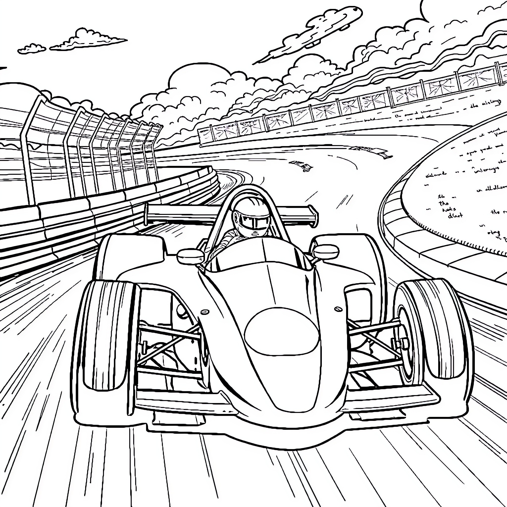 Racecar speeding through the winding track Coloring Page (free black-and-white line drawing printable PDF for all, from beginners to advanced learners, including children, teens, adults, and seniors)
