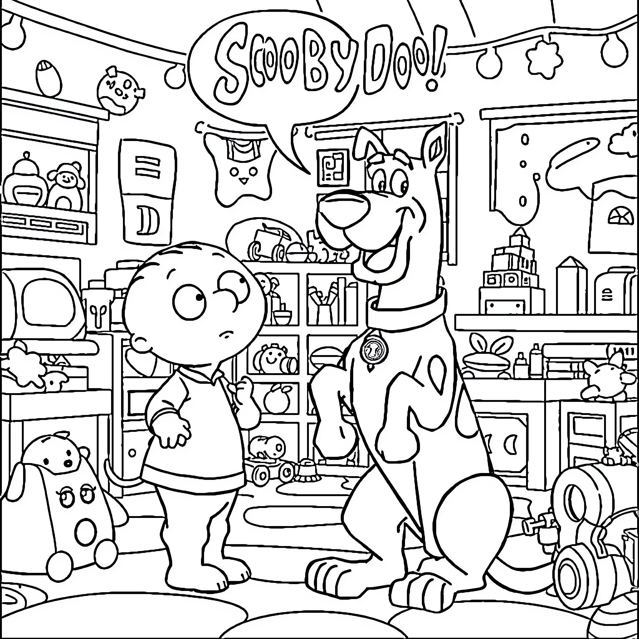 Scooby Doo and friends in a playful room Coloring Page (free black-and-white line drawing printable PDF for all, from beginners to advanced learners, including children, teens, adults, and seniors)