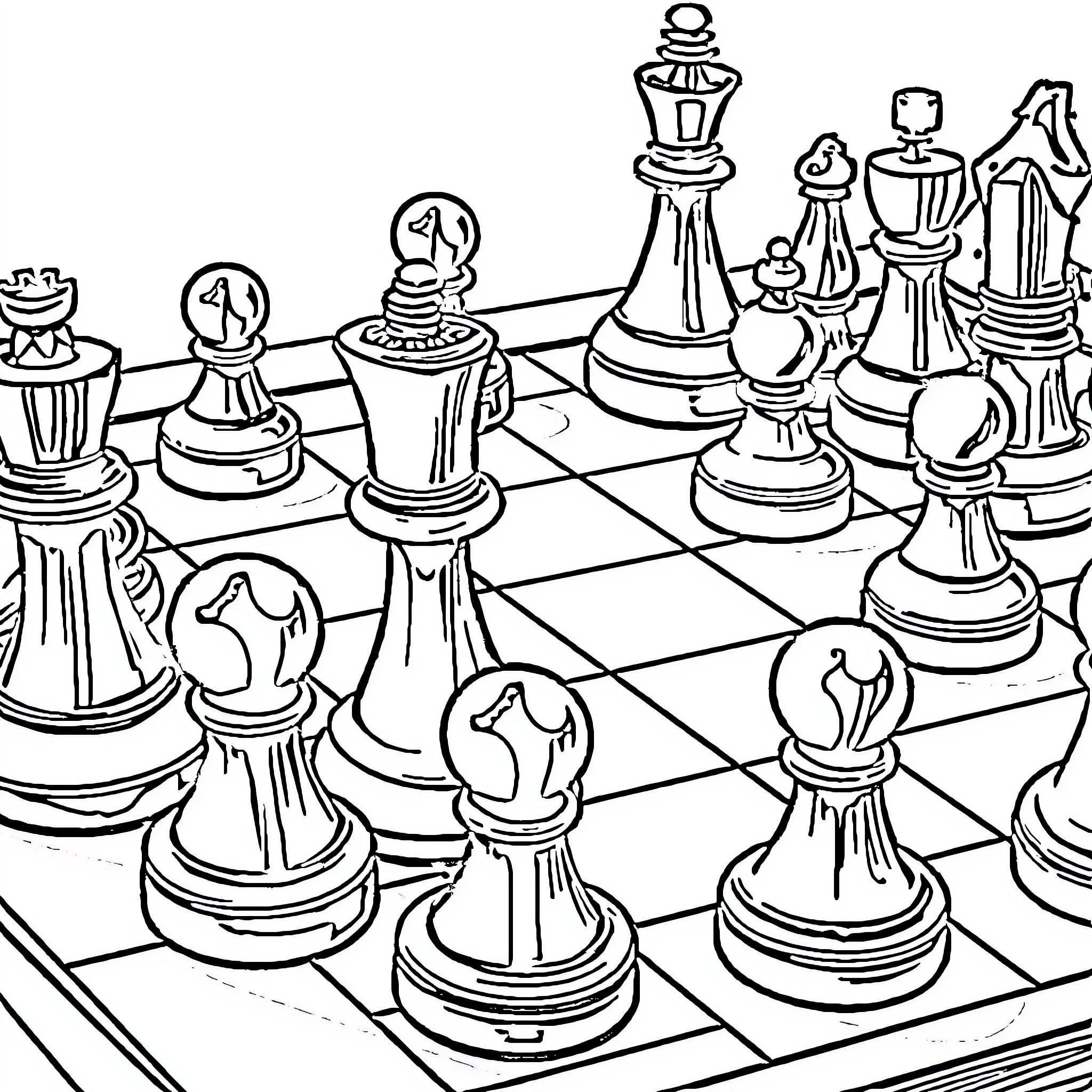 Chess Board Game with Detailed Chess Pieces Coloring Page (free black-and-white line drawing printable PDF for all, from beginners to advanced learners, including children, teens, adults, and seniors)