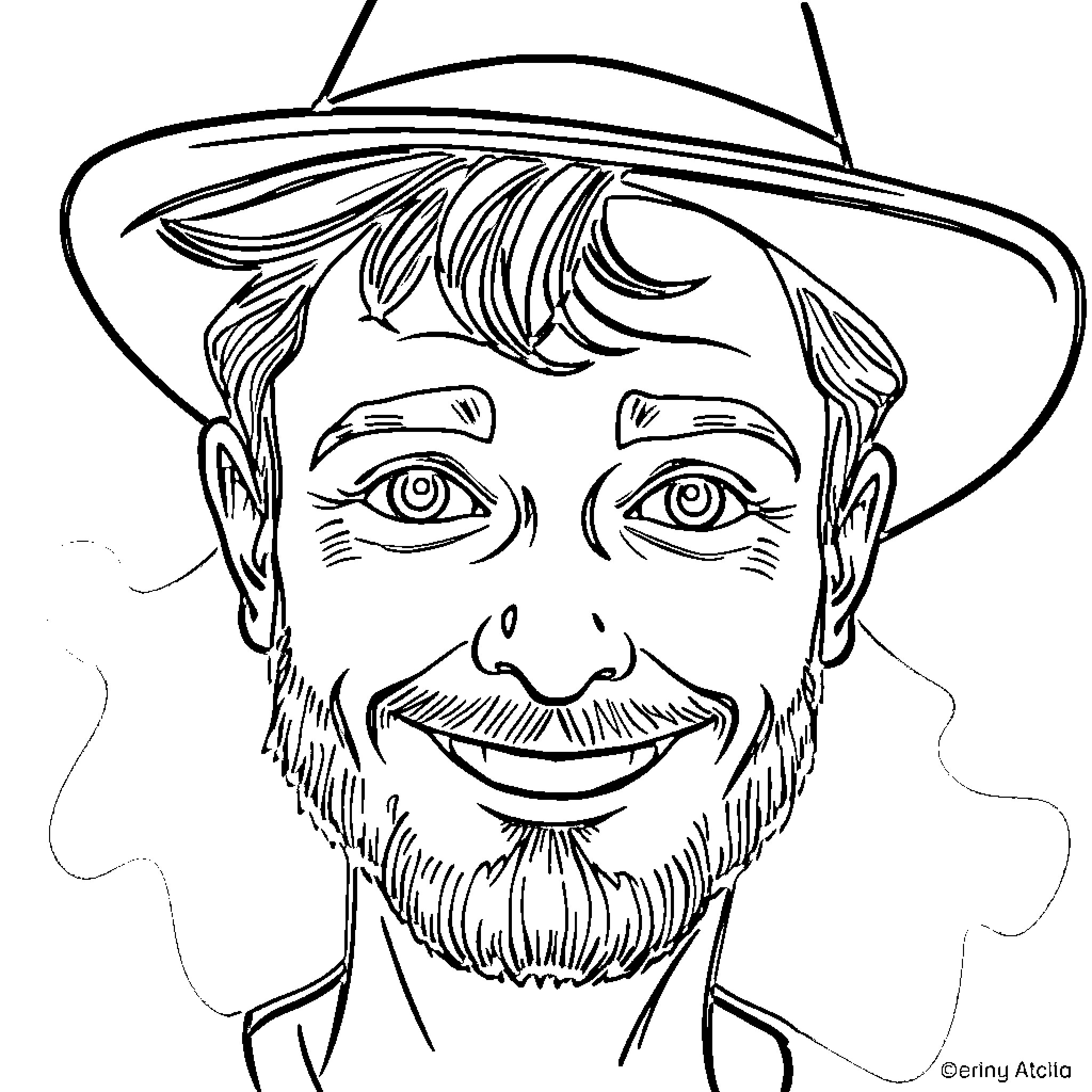 Christian man in jovial expression with hat Coloring Page (free black-and-white line drawing printable PDF for all, from beginners to advanced learners, including children, teens, adults, and seniors)