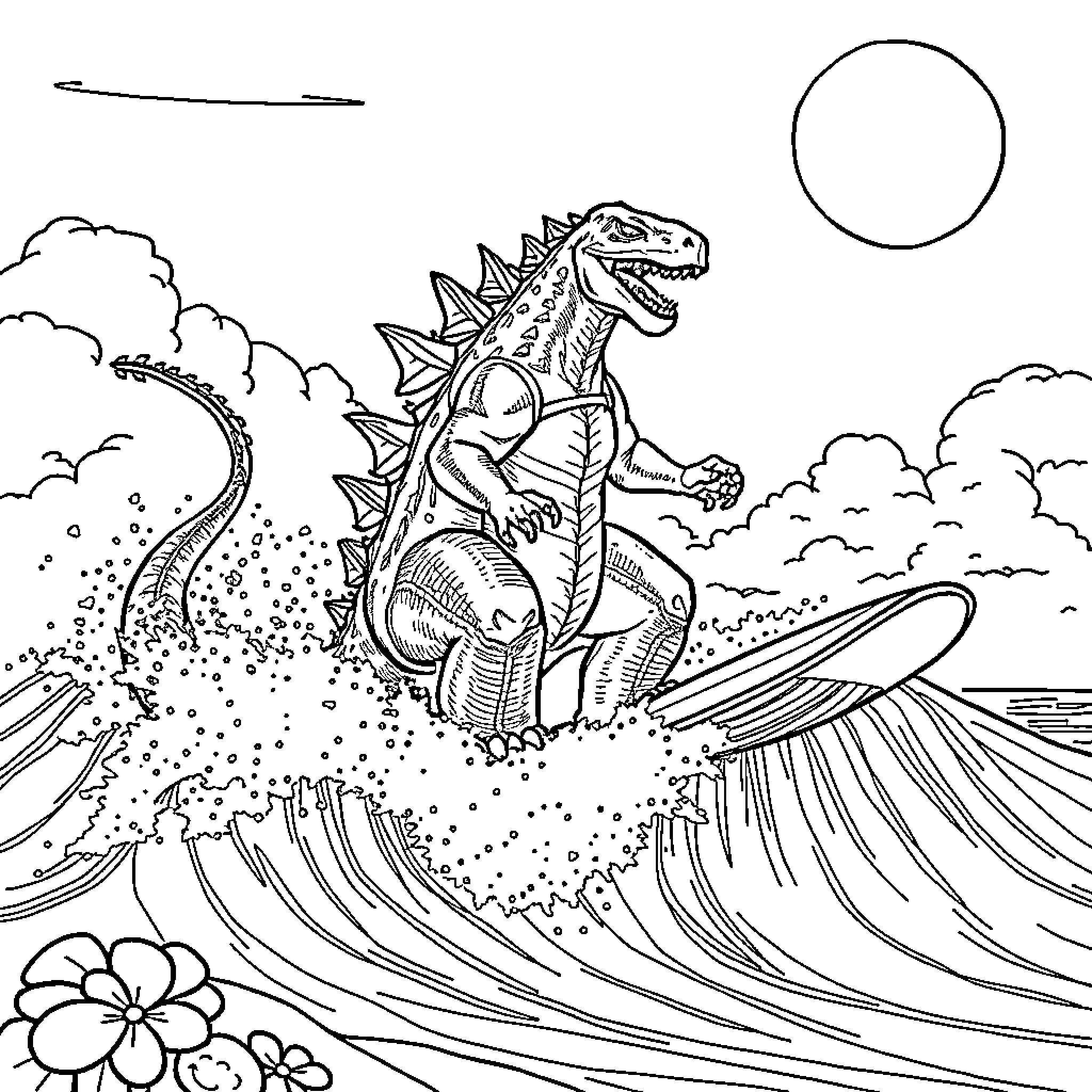 Godzilla riding the waves and surfing through the ocean Coloring Page (free black-and-white line drawing printable PDF for all, from beginners to advanced learners, including children, teens, adults, and seniors)
