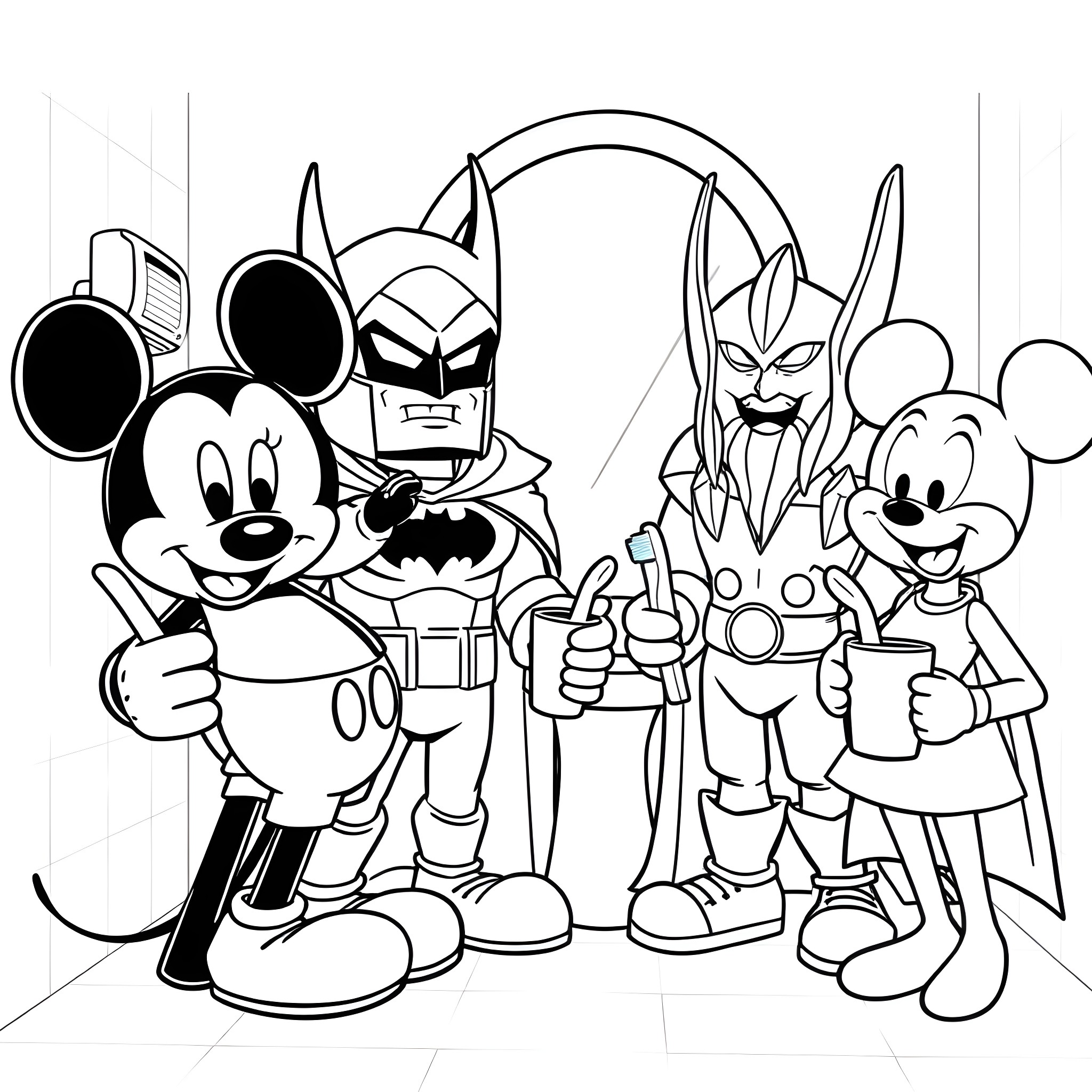 Character group posing for a photo Coloring Page (free black-and-white line drawing printable PDF for all, from beginners to advanced learners, including children, teens, adults, and seniors)