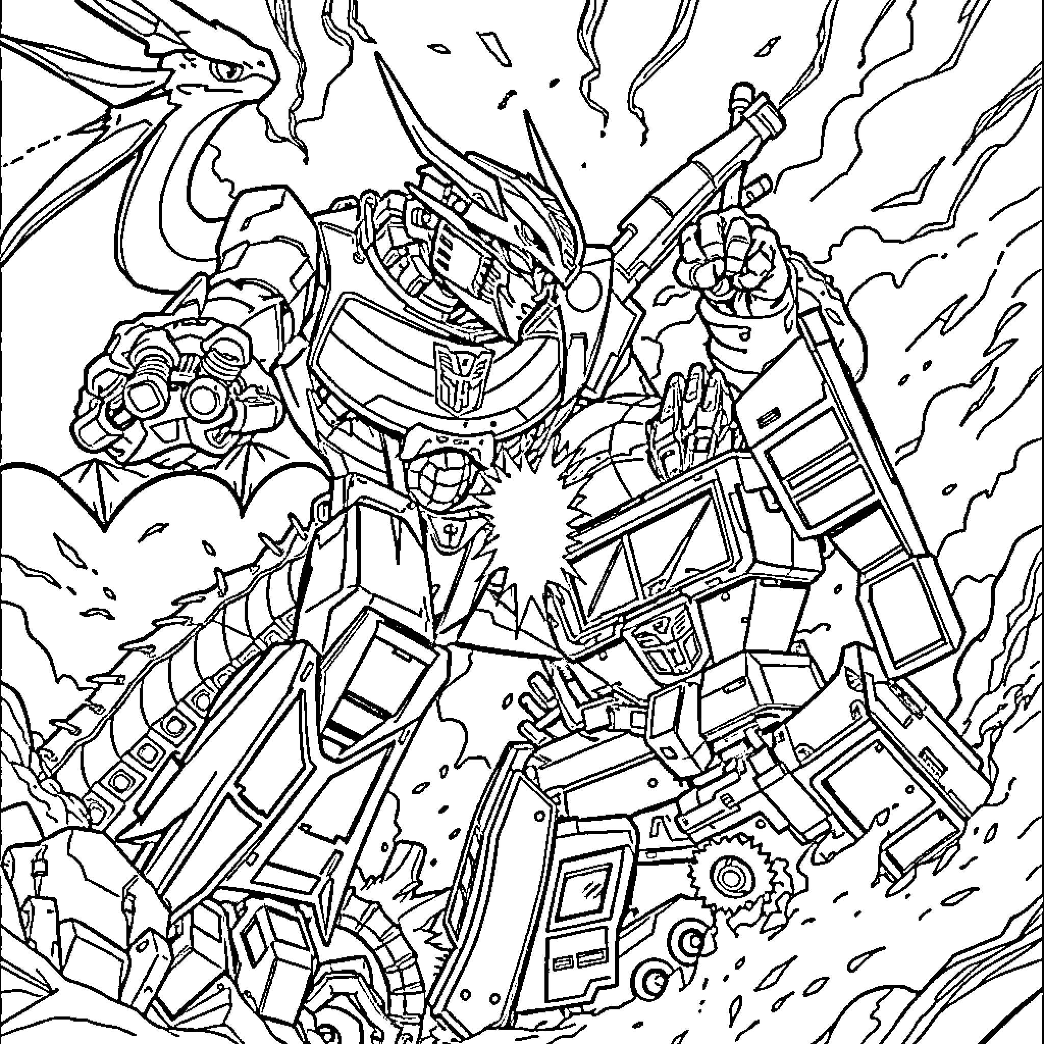 Dragonzord unleashing powerful attacks against enemies Coloring Page (free black-and-white line drawing printable PDF for all, from beginners to advanced learners, including children, teens, adults, and seniors)