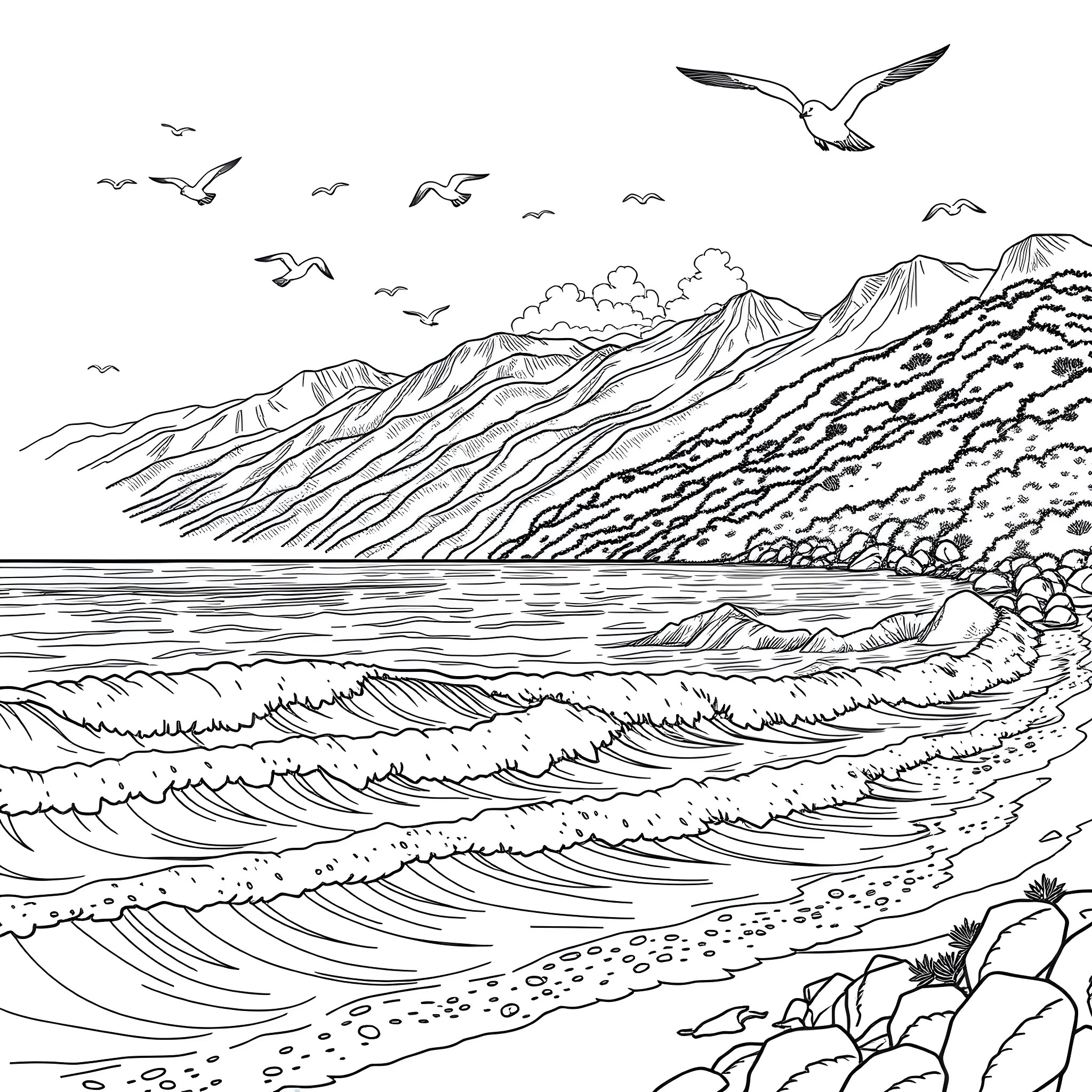 Black Sea coastal landscape with seagulls Coloring Page (free black-and-white line drawing printable PDF for all, from beginners to advanced learners, including children, teens, adults, and seniors)