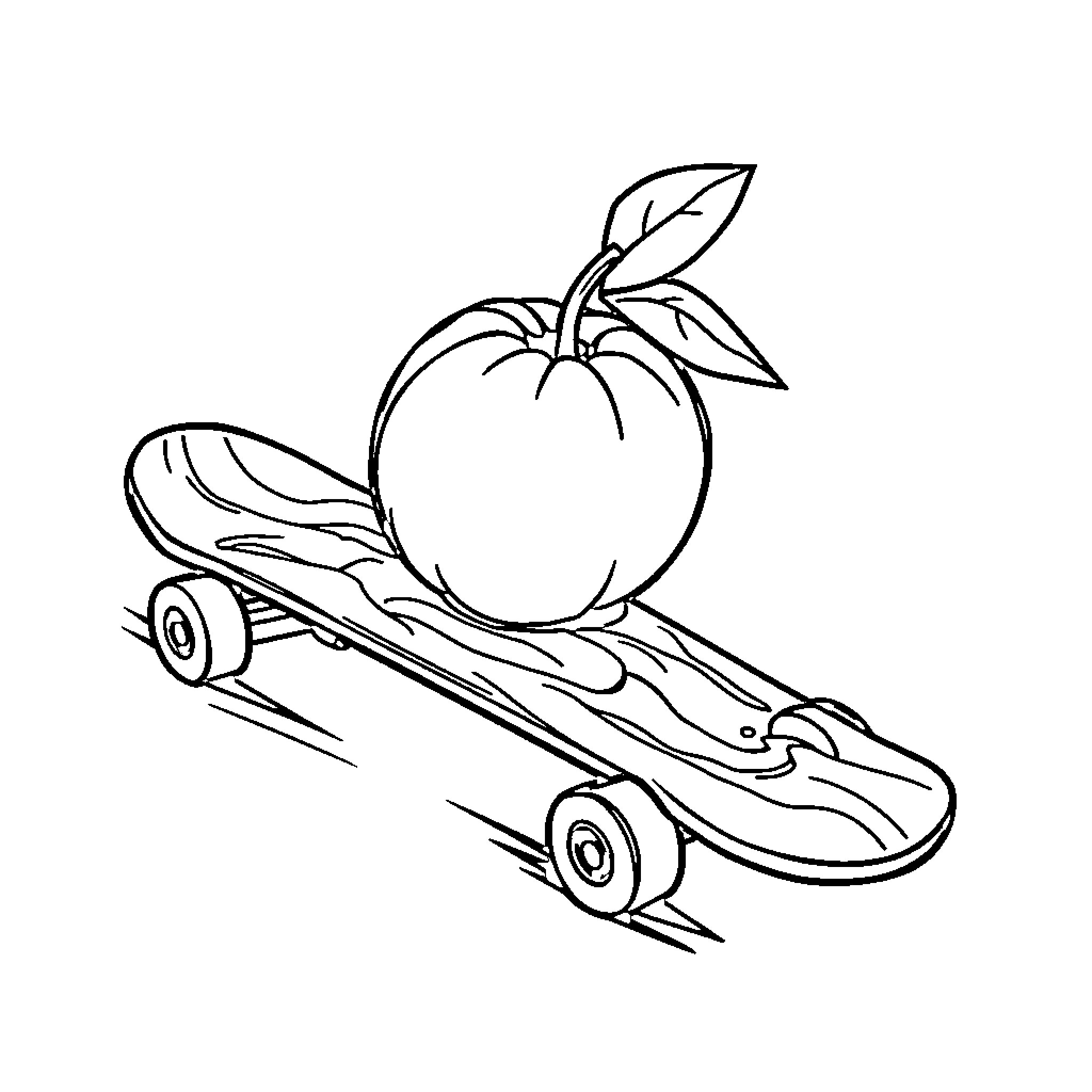 Orange skateboard with apple illustration Coloring Page (free black-and-white line drawing printable PDF for all, from beginners to advanced learners, including children, teens, adults, and seniors)