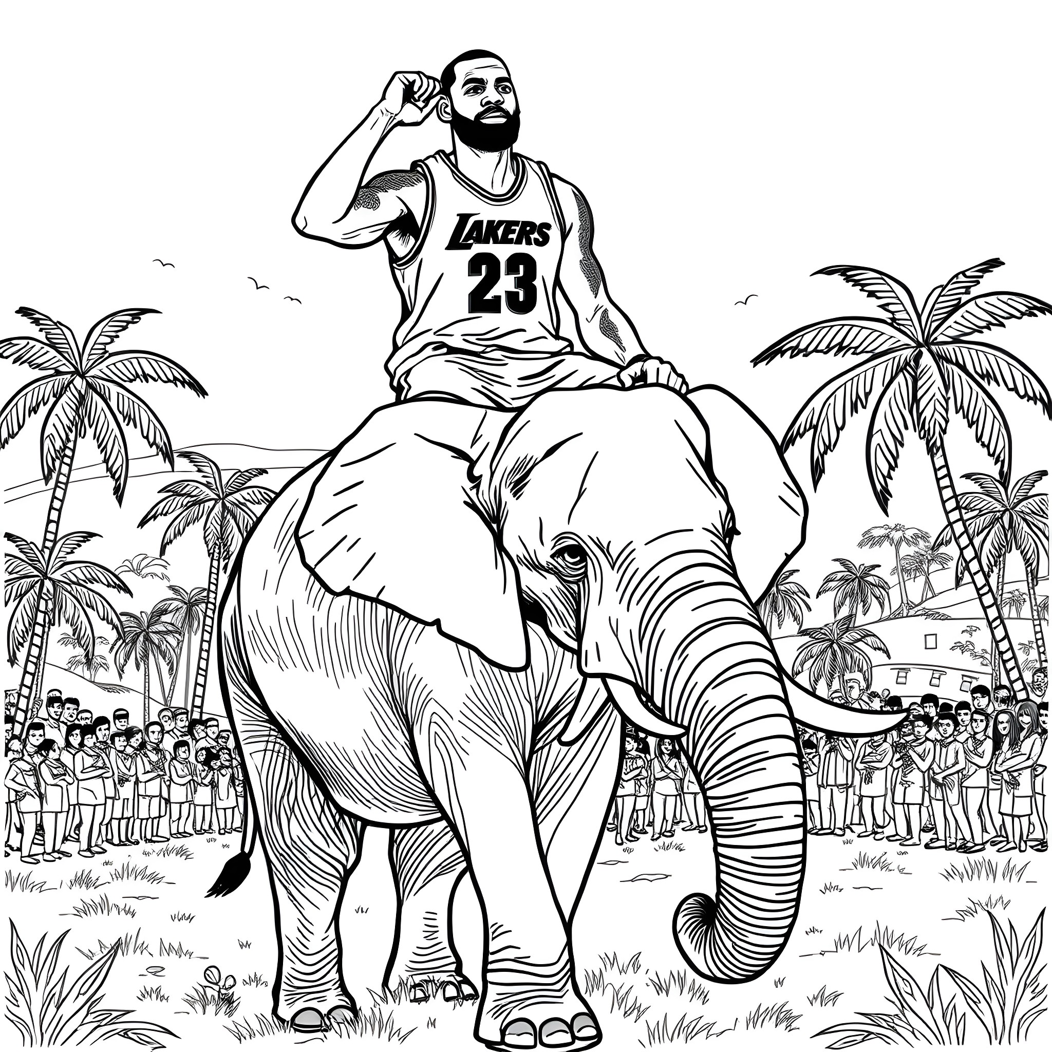 LeBron James riding an elephant in a tropical setting Coloring Page (free black-and-white line drawing printable PDF for all, from beginners to advanced learners, including children, teens, adults, and seniors)