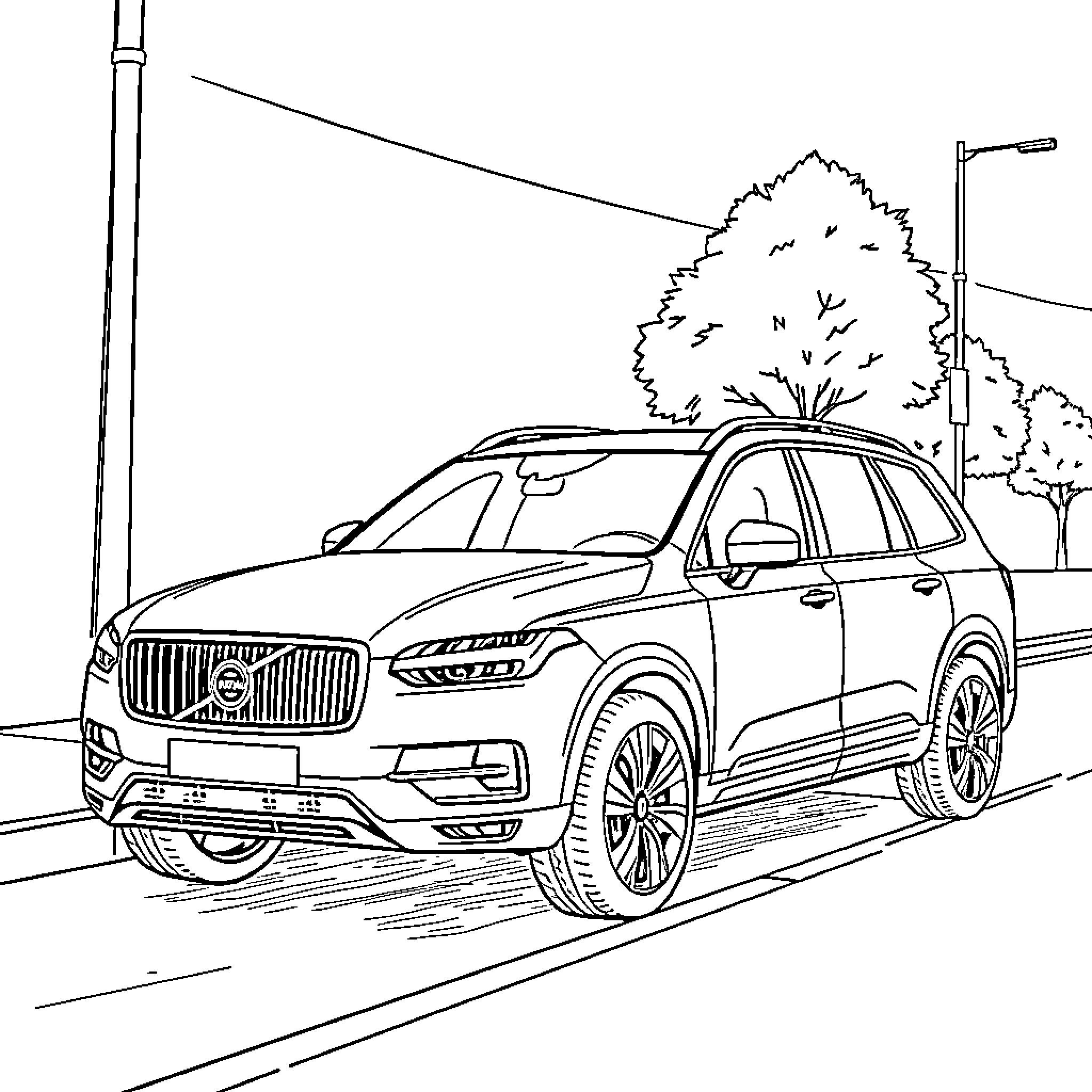Xc70 luxury SUV parked on urban street Coloring Page (free black-and-white line drawing printable PDF for all, from beginners to advanced learners, including children, teens, adults, and seniors)