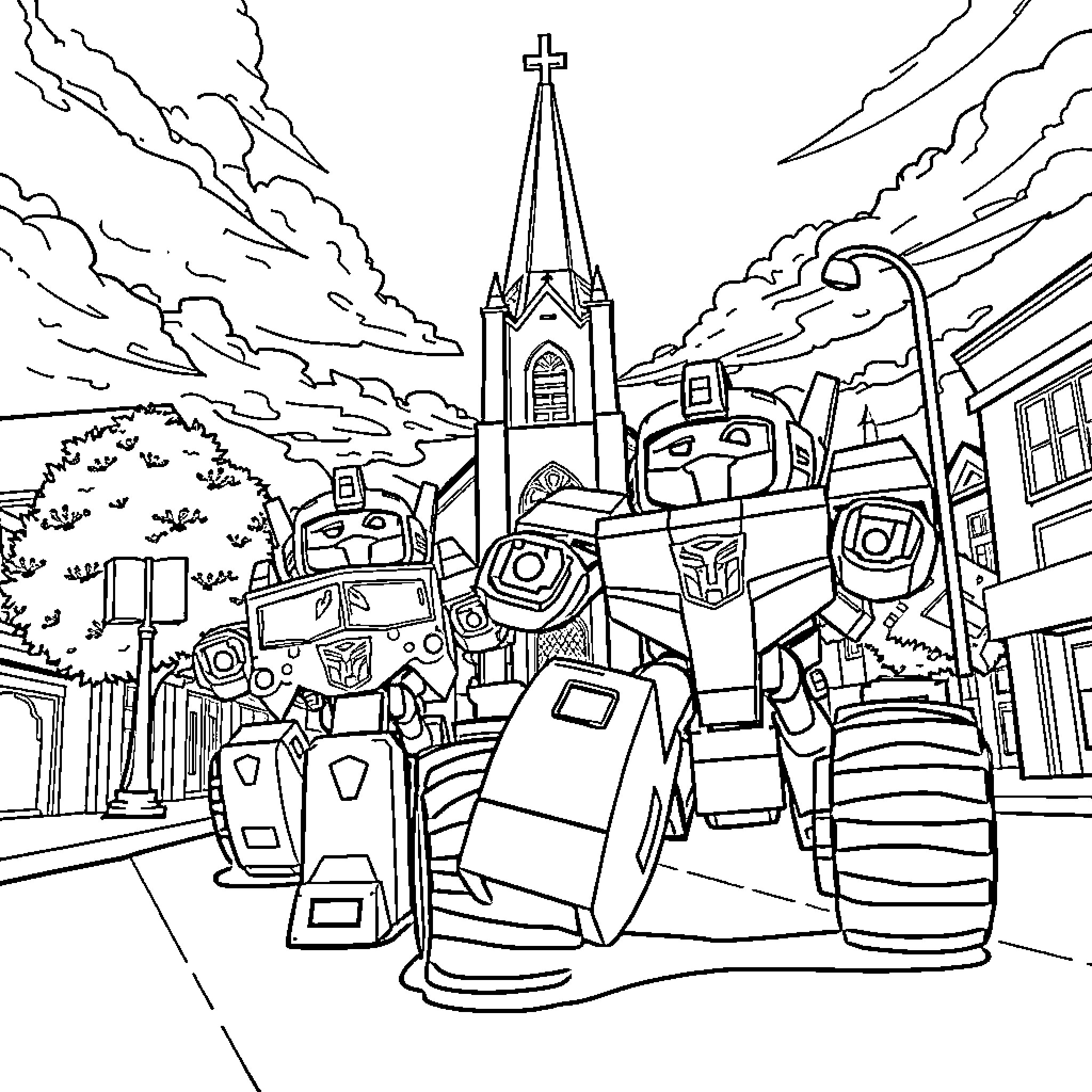 Transformer robots in a city street scene Coloring Page (free black-and-white line drawing printable PDF for all, from beginners to advanced learners, including children, teens, adults, and seniors)