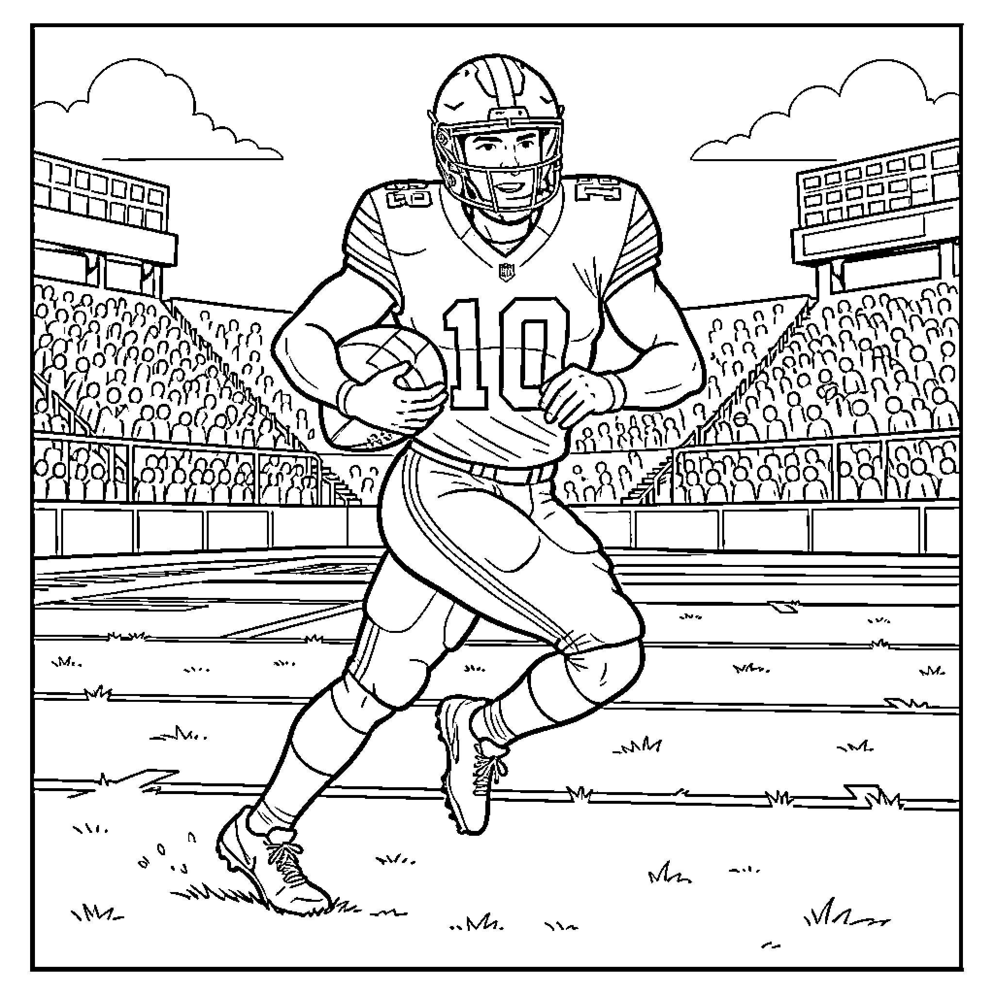 Cam Ward running with a football on the field Coloring Page (free black-and-white line drawing printable PDF for all, from beginners to advanced learners, including children, teens, adults, and seniors)