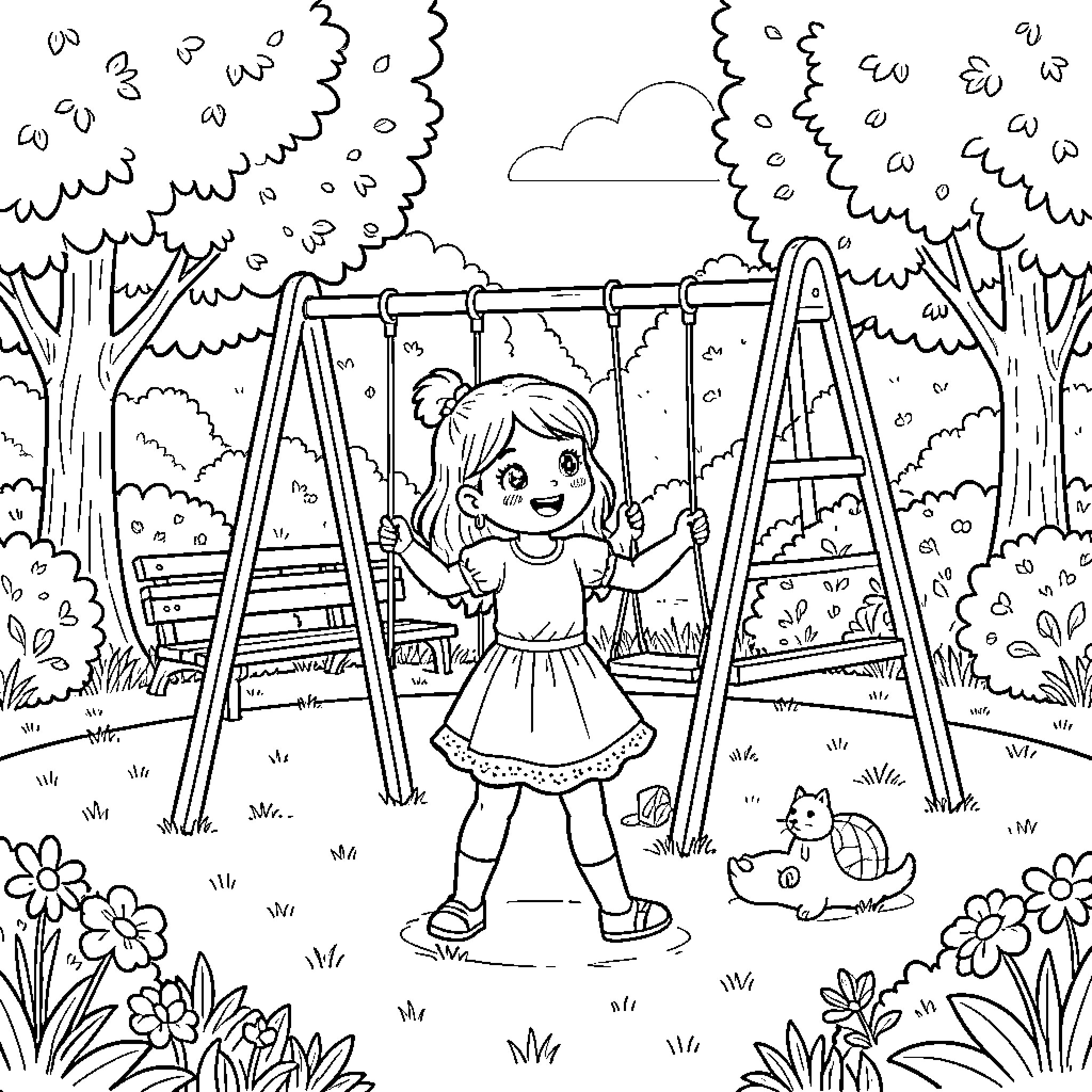 Nieta playing joyfully near swings in a park Coloring Page (free black-and-white line drawing printable PDF for all, from beginners to advanced learners, including children, teens, adults, and seniors)