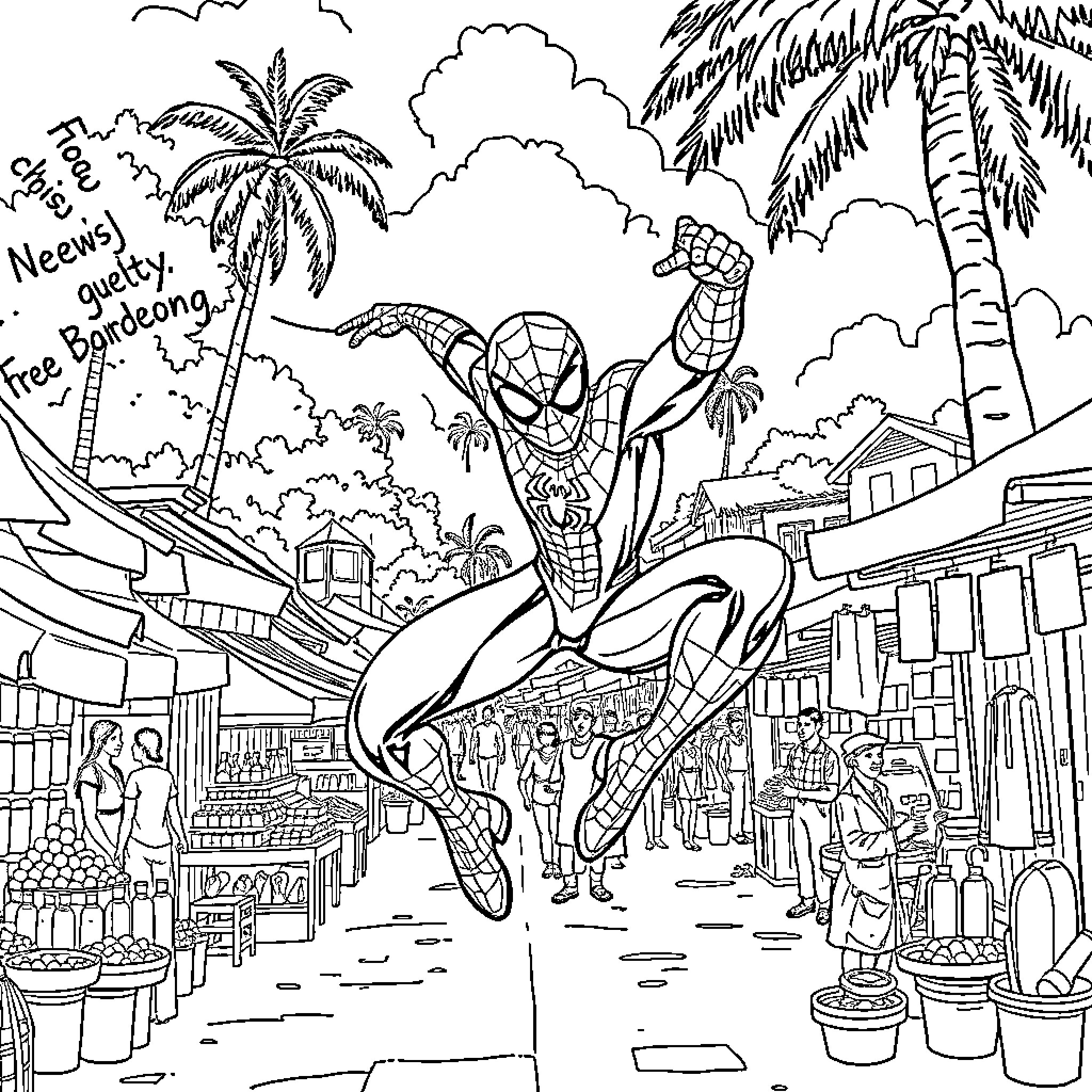 Spiderman swinging through a lively tropical town Coloring Page (free black-and-white line drawing printable PDF for all, from beginners to advanced learners, including children, teens, adults, and seniors)