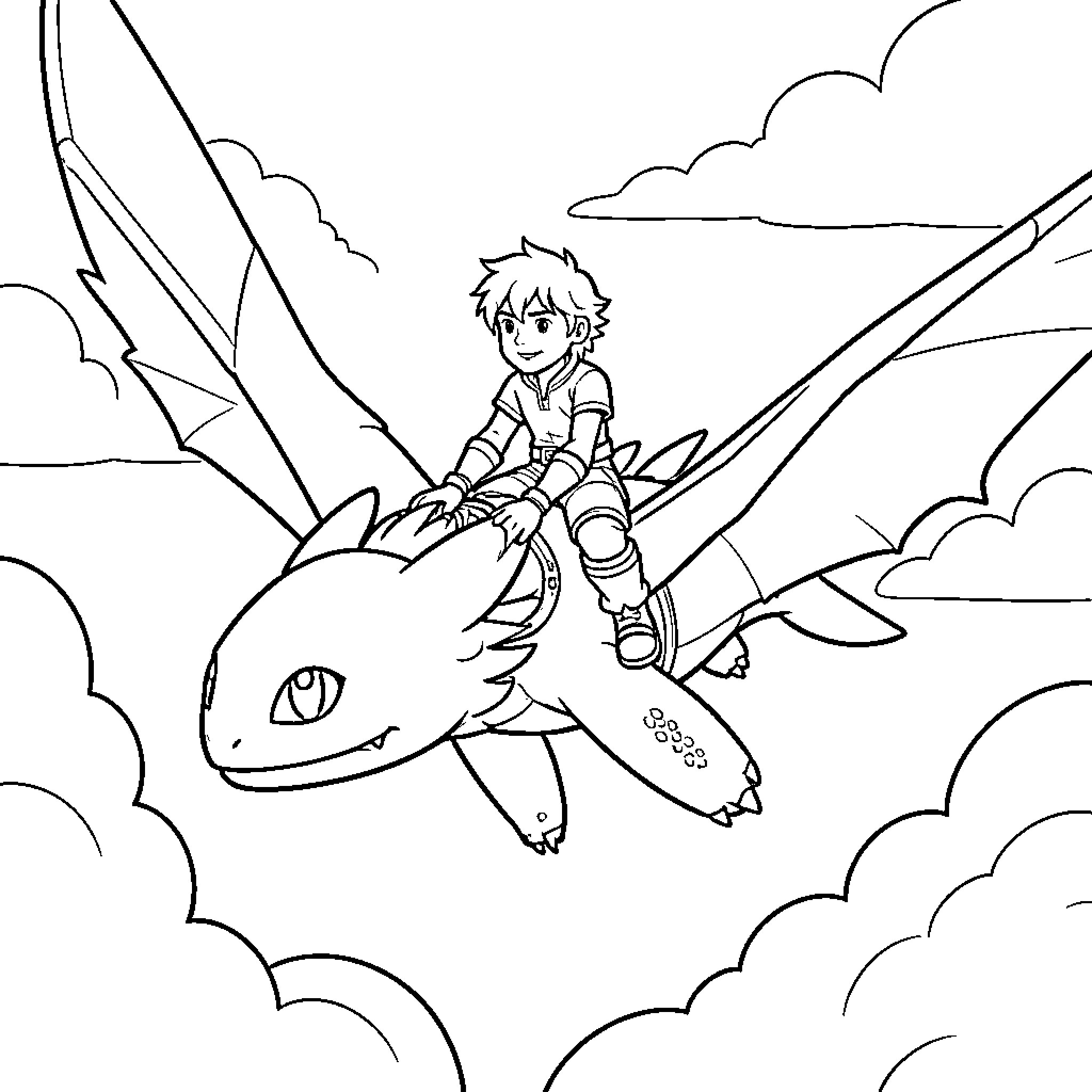 Hiccup riding a dragon through the clouds Coloring Page (free black-and-white line drawing printable PDF for all, from beginners to advanced learners, including children, teens, adults, and seniors)