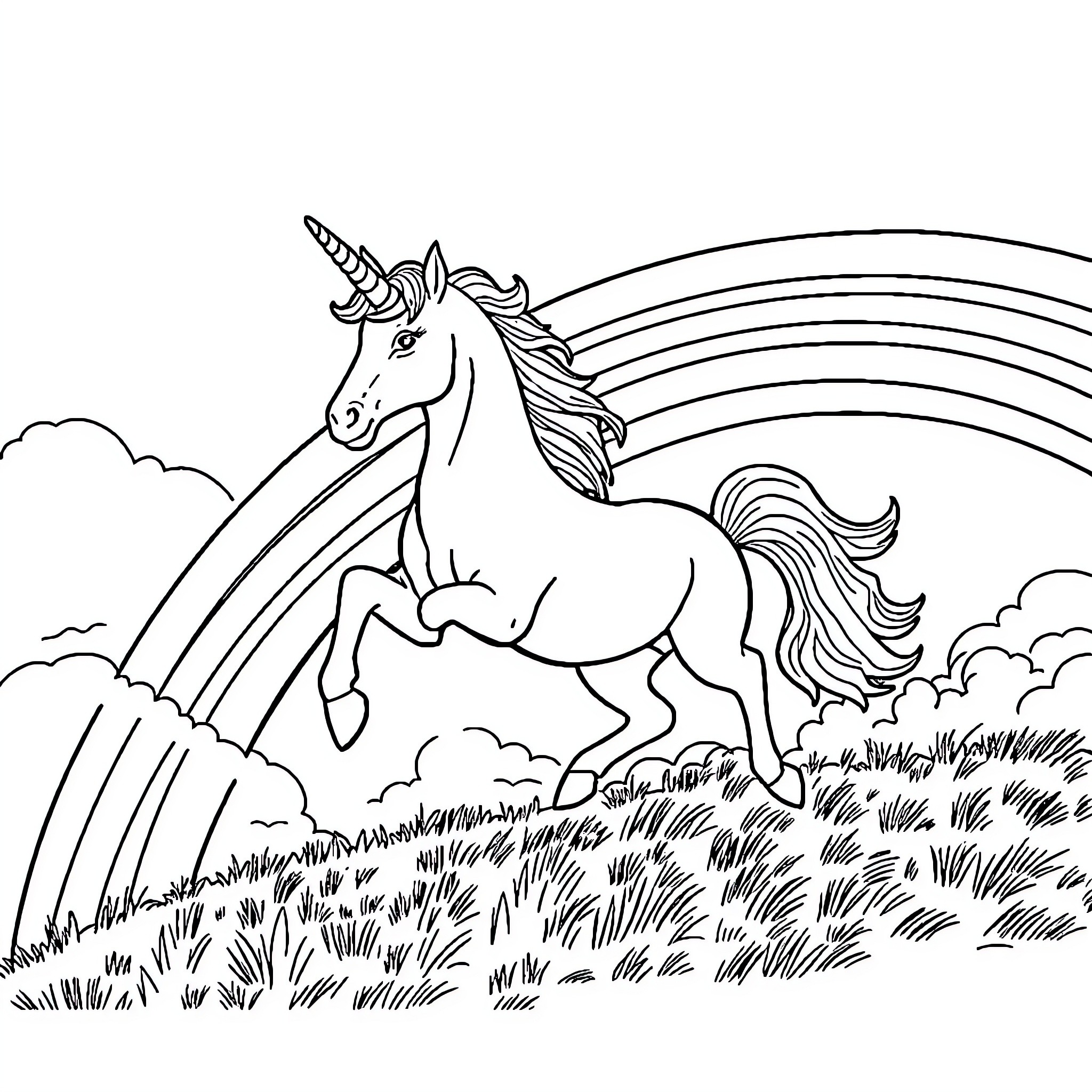 Unicorn running through a meadow with a rainbow Coloring Page (free black-and-white line drawing printable PDF for all, from beginners to advanced learners, including children, teens, adults, and seniors)