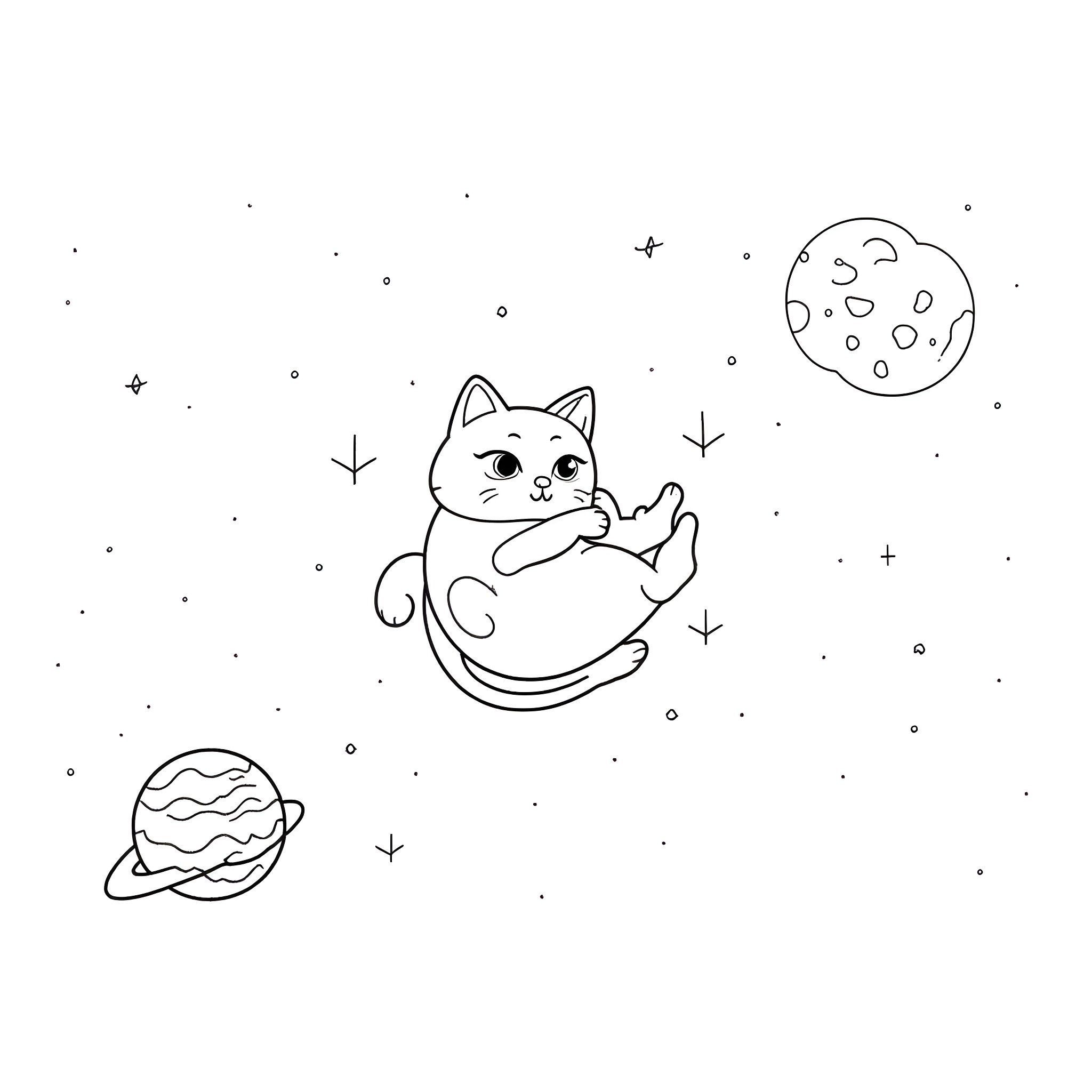 Kitty floating in space with planets Coloring Page (free black-and-white line drawing printable PDF for all, from beginners to advanced learners, including children, teens, adults, and seniors)