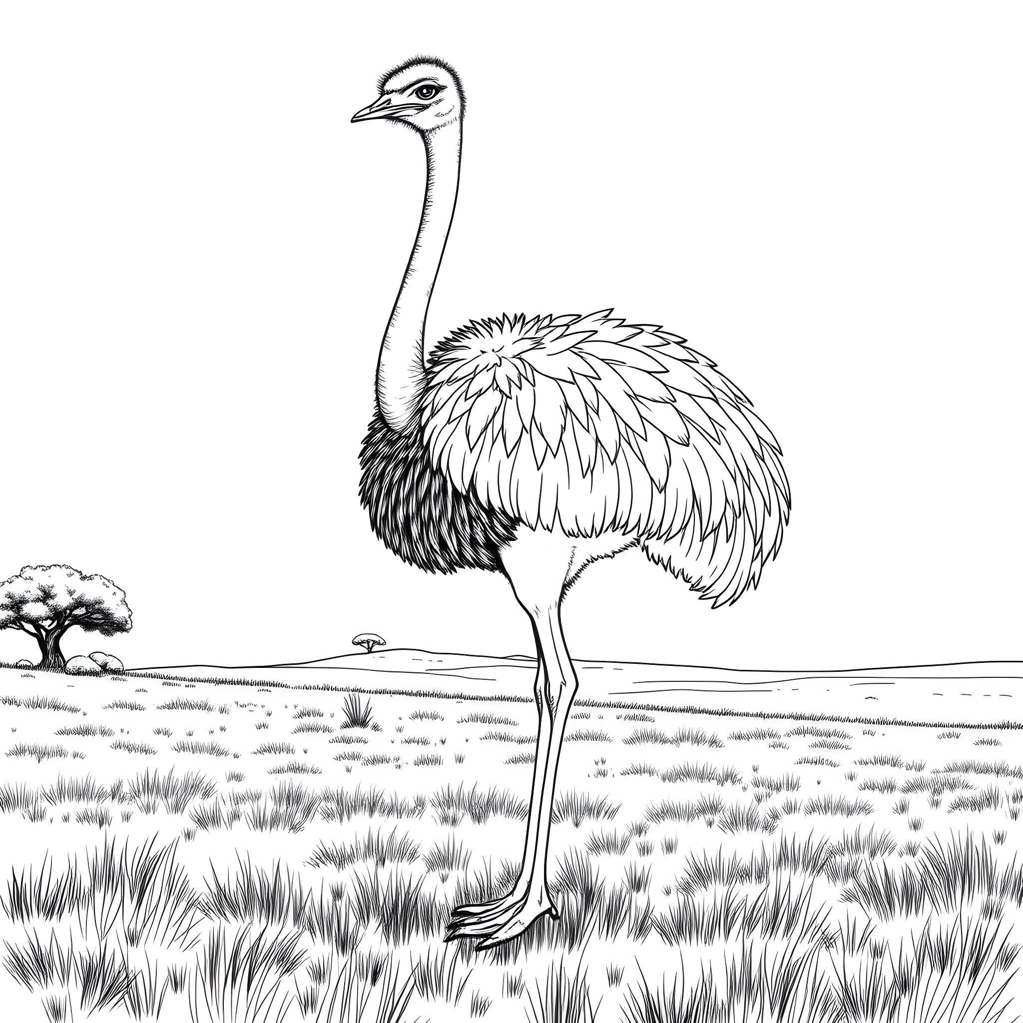 Ostrich standing in a grassy field Coloring Page (free black-and-white line drawing printable PDF for all, from beginners to advanced learners, including children, teens, adults, and seniors)