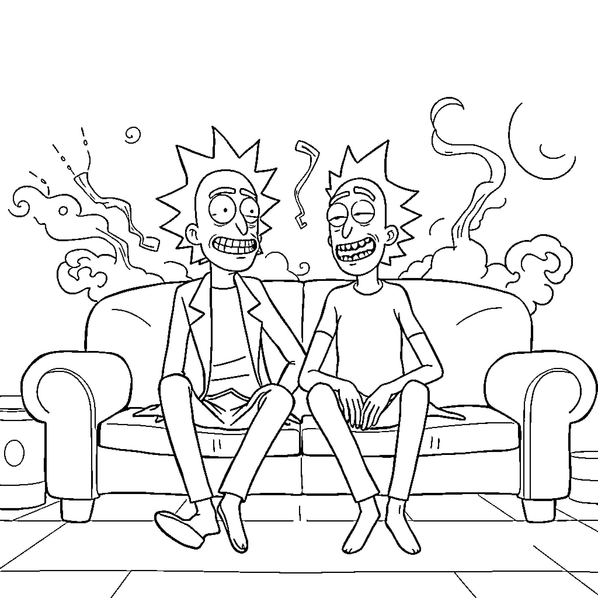 Rick And Morty's Outrageous Antics on the Sofa Coloring Page (free black-and-white line drawing printable PDF for all, from beginners to advanced learners, including children, teens, adults, and seniors)