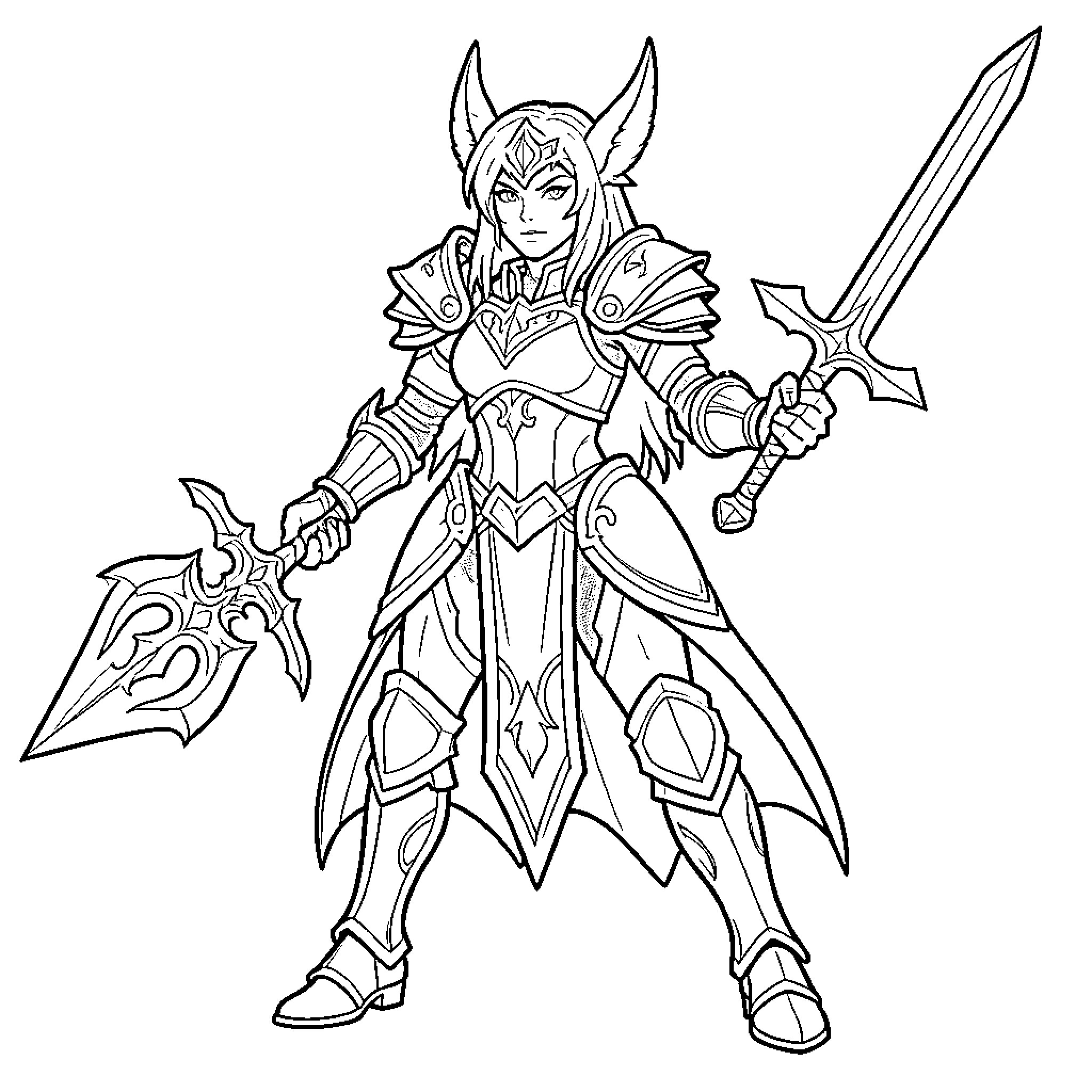 Guerrera in Armored Attire Wielding Sword and Shield Coloring Page (free black-and-white line drawing printable PDF for all, from beginners to advanced learners, including children, teens, adults, and seniors)