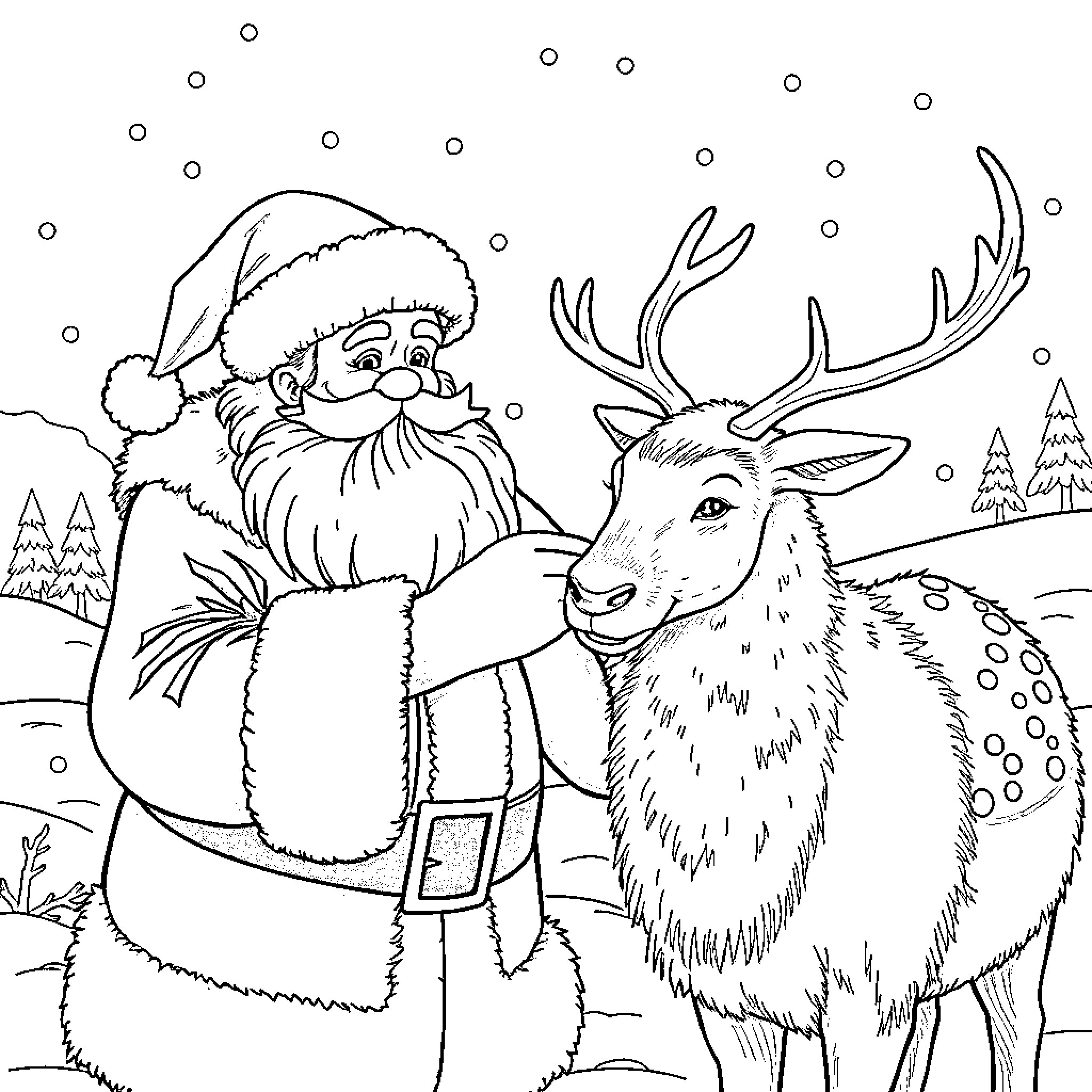 Reindeer and Santa in a snowy winter scene Coloring Page (free black-and-white line drawing printable PDF for all, from beginners to advanced learners, including children, teens, adults, and seniors)