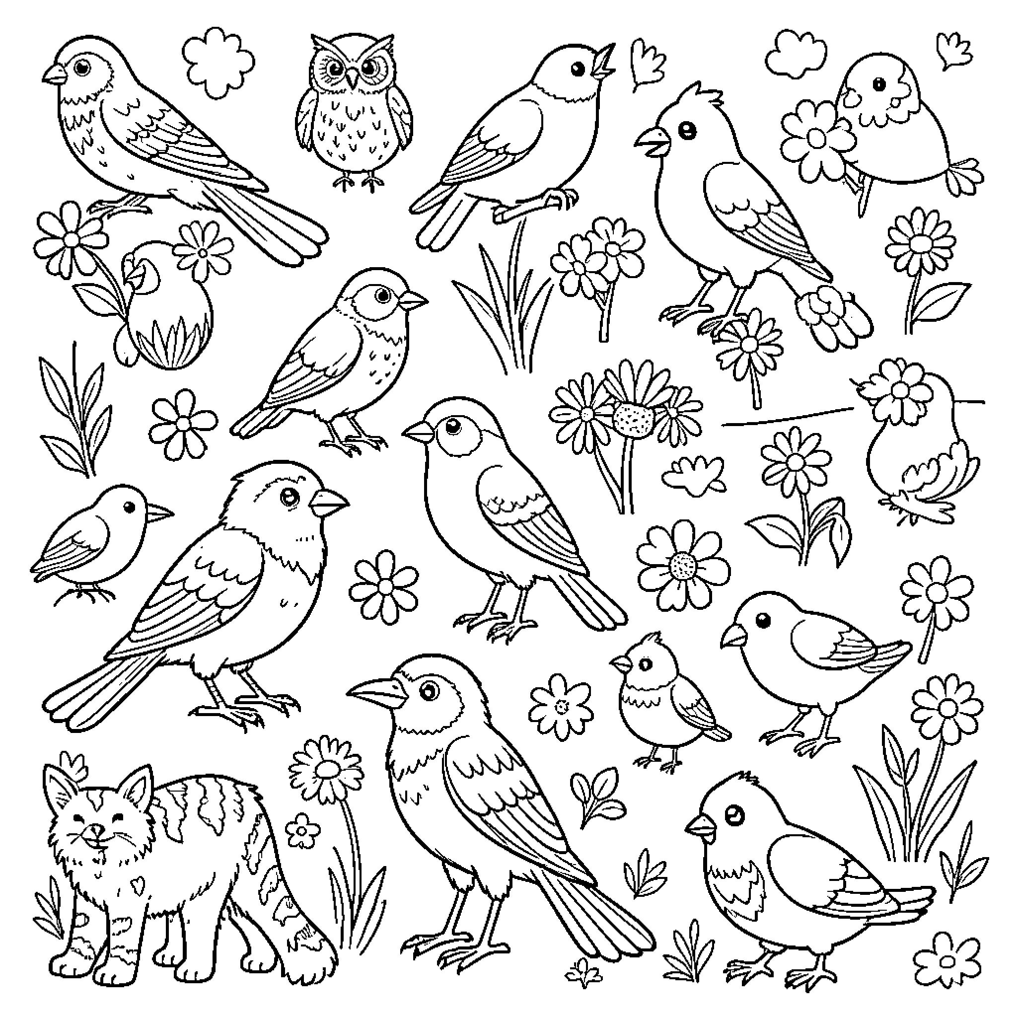 Bird and Animal Illustrations with Flowers Coloring Page (free black-and-white line drawing printable PDF for all, from beginners to advanced learners, including children, teens, adults, and seniors)