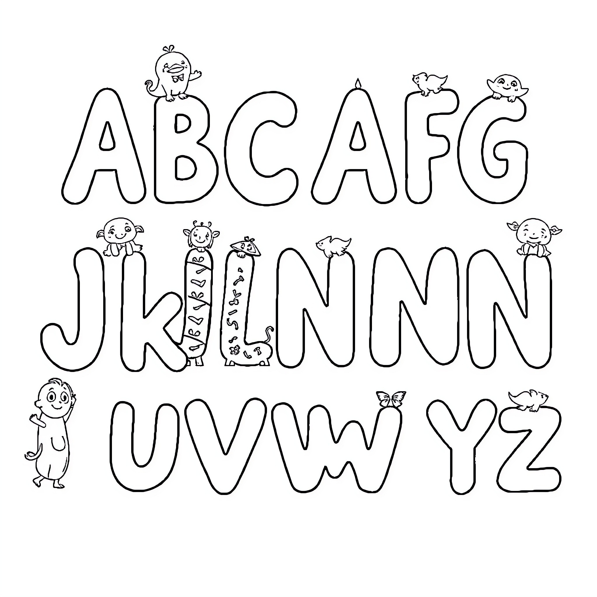 Alphabet of Playful Creatures Coloring Page (free black-and-white line drawing printable PDF for all, from beginners to advanced learners, including children, teens, adults, and seniors)