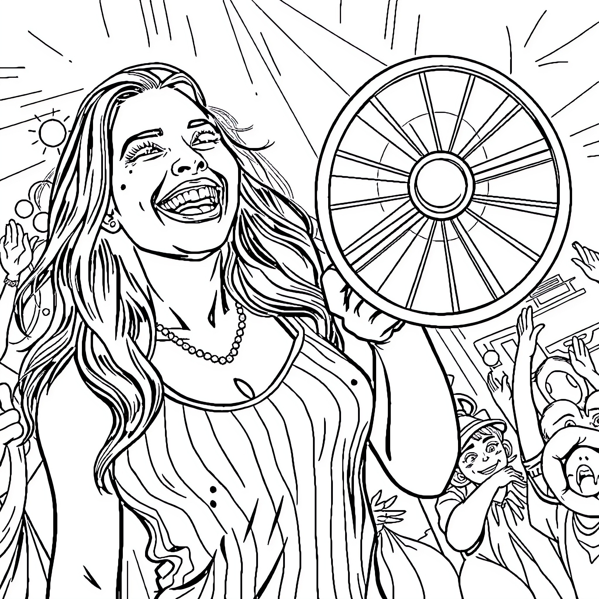 Bianca Ingrosso celebrating joyfully with a crowd Coloring Page (free black-and-white line drawing printable PDF for all, from beginners to advanced learners, including children, teens, adults, and seniors)
