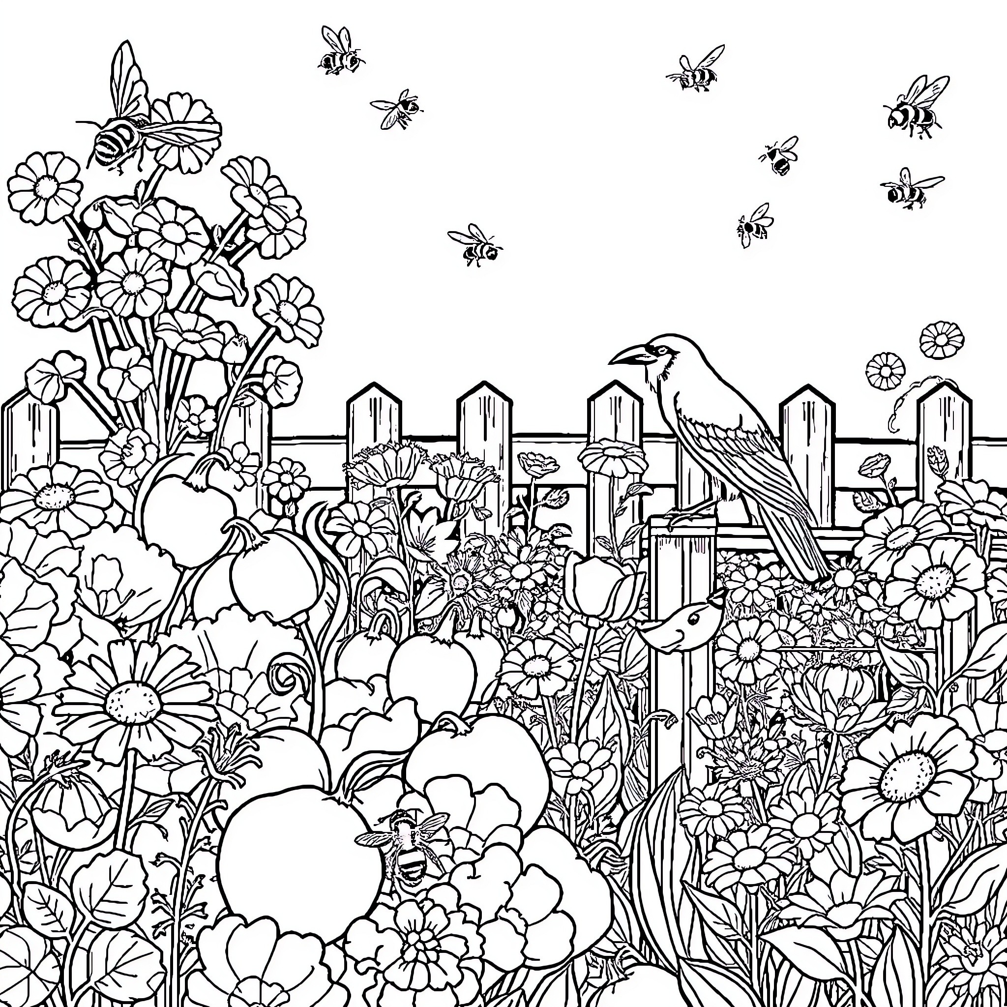 Garden with Whimsical Flowers and Buzzing Bees Coloring Page (free black-and-white line drawing printable PDF for all, from beginners to advanced learners, including children, teens, adults, and seniors)