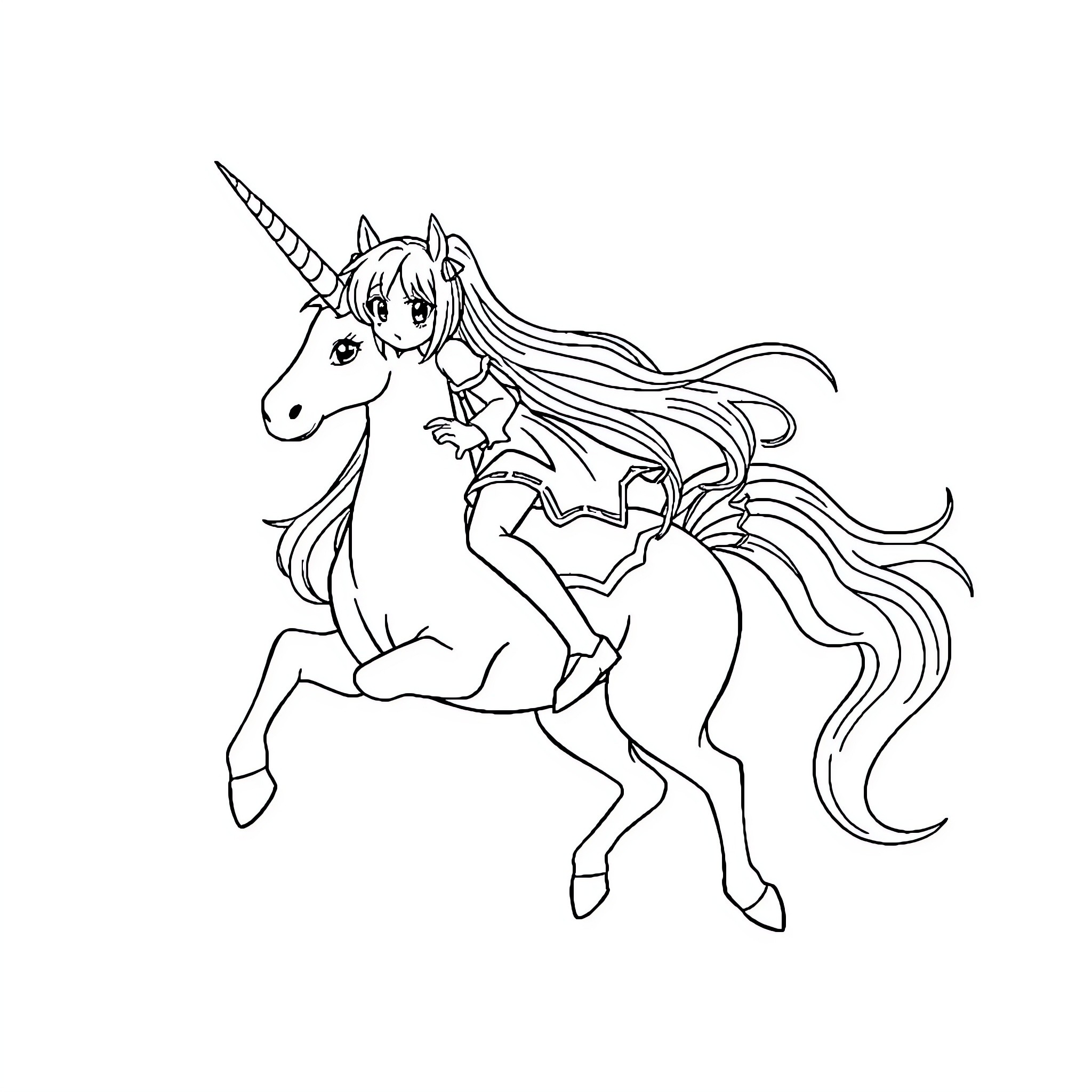 Hatsune Miku riding a magical unicorn Coloring Page (free black-and-white line drawing printable PDF for all, from beginners to advanced learners, including children, teens, adults, and seniors)