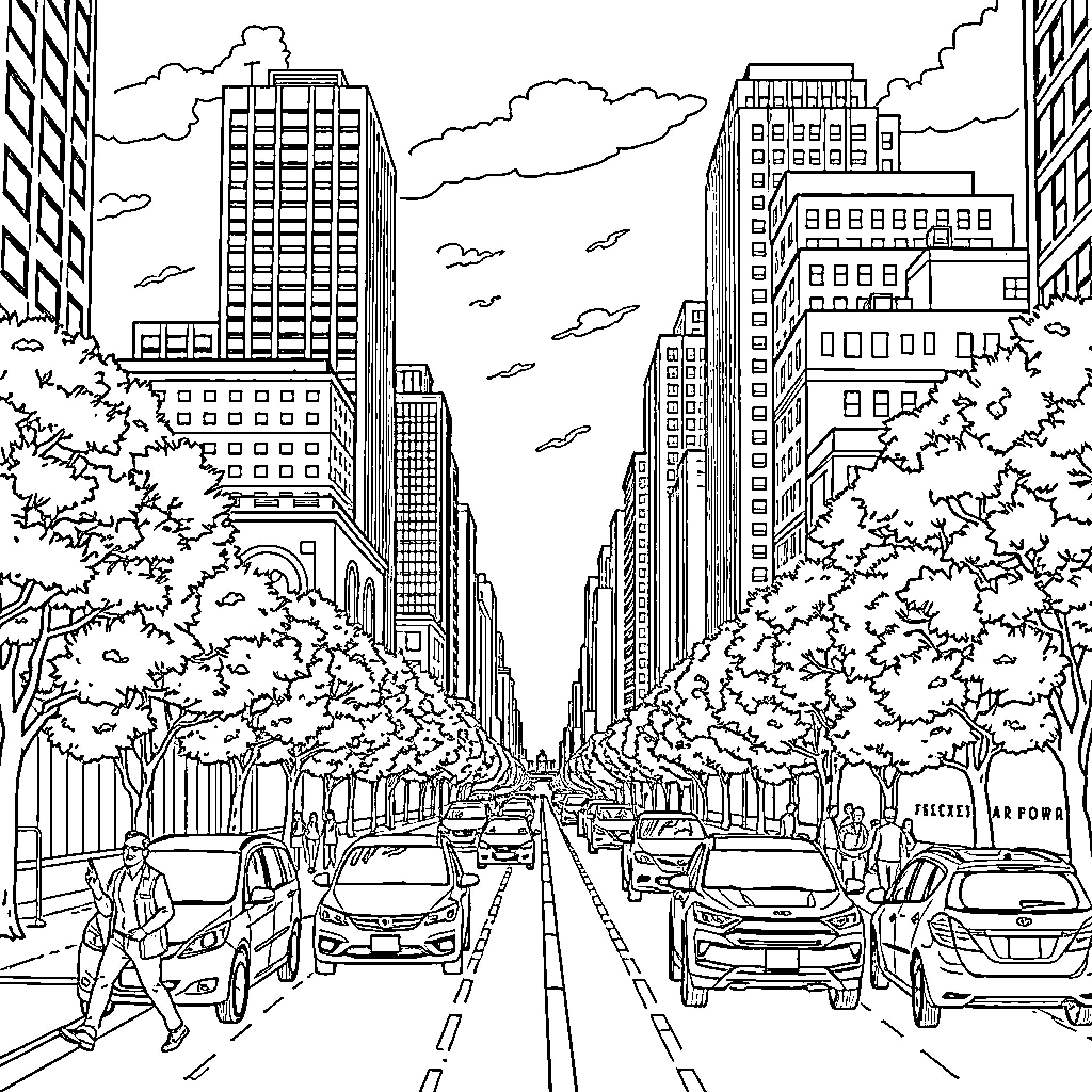 City Bustle: Vibrant Urban Scene with Pedestrians and Vehicles Coloring Page (free black-and-white line drawing printable PDF for all, from beginners to advanced learners, including children, teens, adults, and seniors)