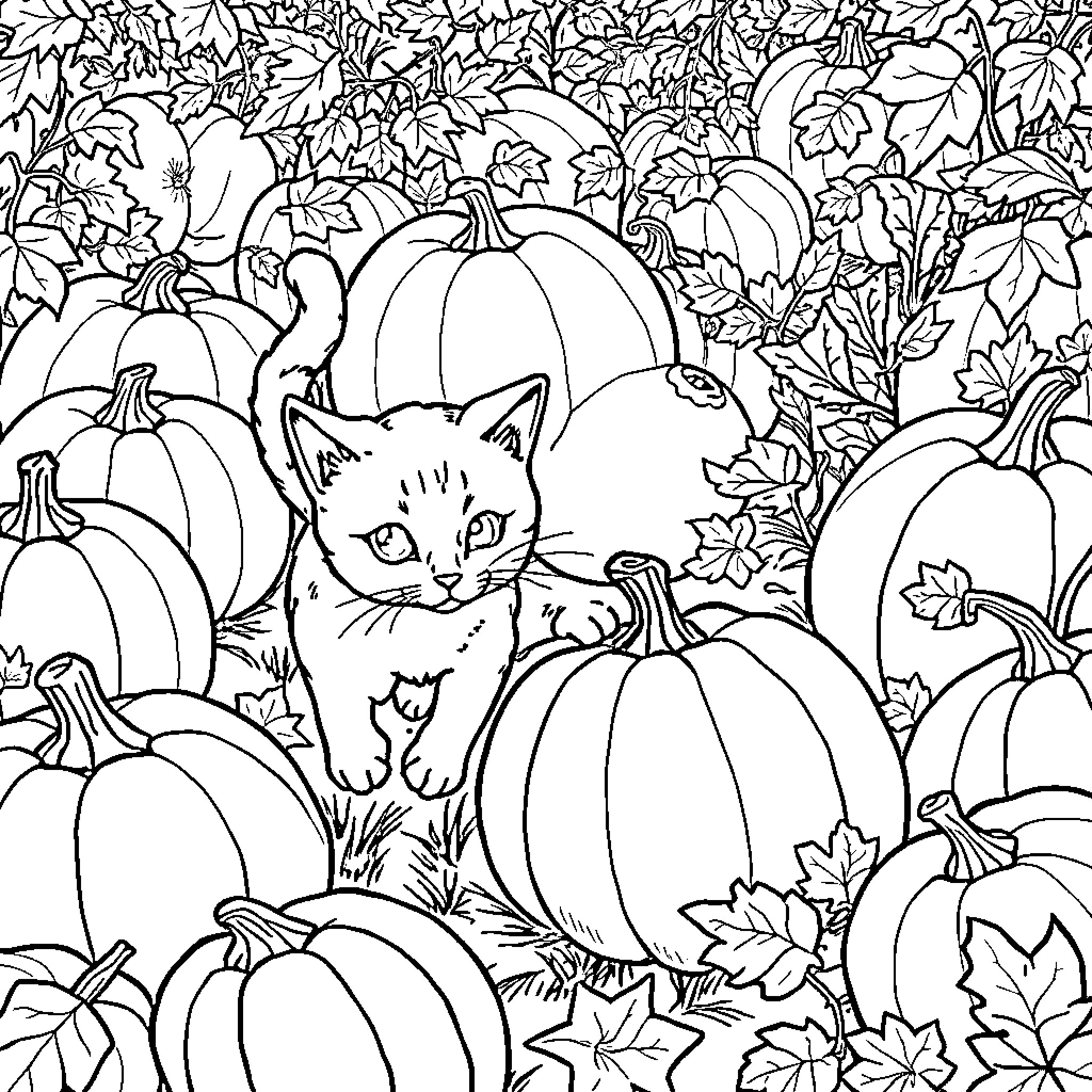 Cat among the pumpkins Coloring Page (free black-and-white line drawing printable PDF for all, from beginners to advanced learners, including children, teens, adults, and seniors)