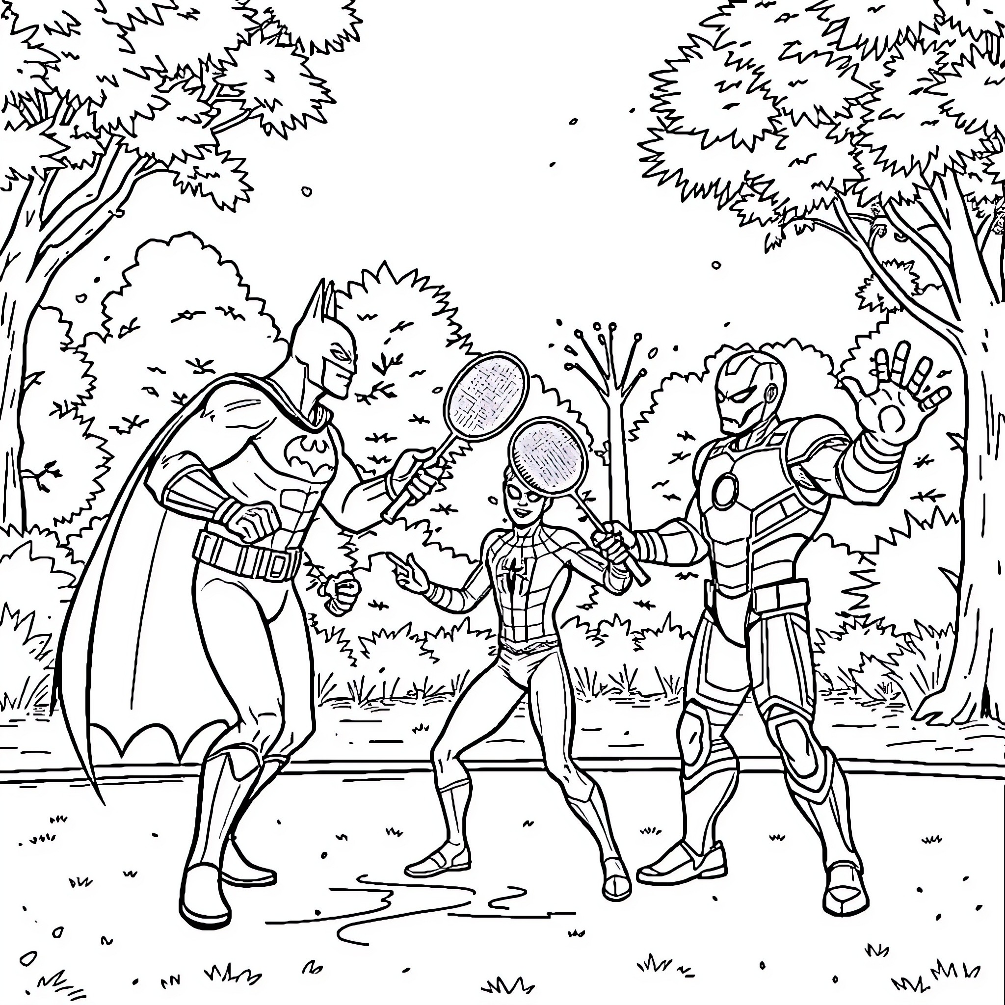 Man in Superhero Costume Engaging in Playful Interaction Coloring Page (free black-and-white line drawing printable PDF for all, from beginners to advanced learners, including children, teens, adults, and seniors)
