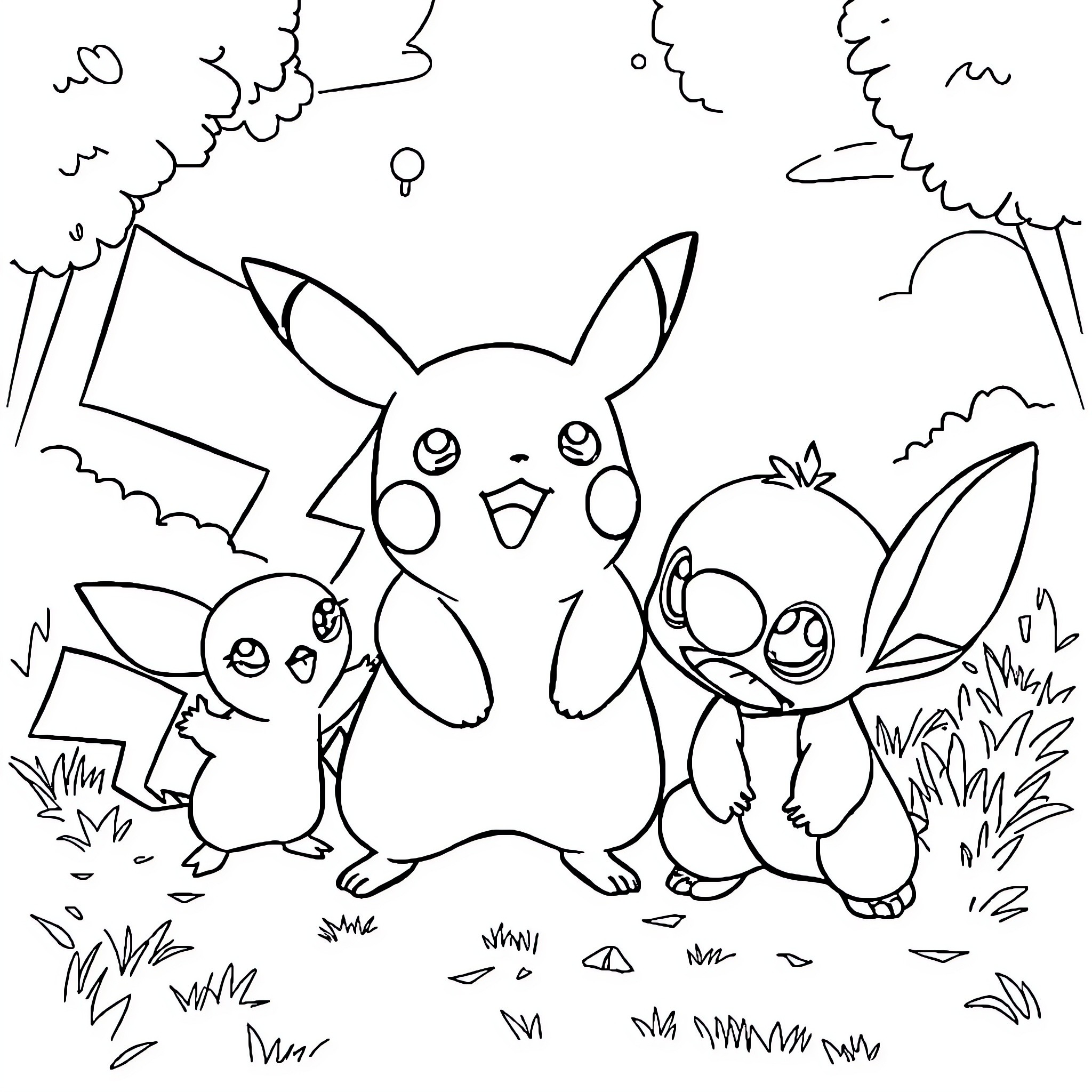 Pikachu and friends playing in the park Coloring Page (free black-and-white line drawing printable PDF for all, from beginners to advanced learners, including children, teens, adults, and seniors)