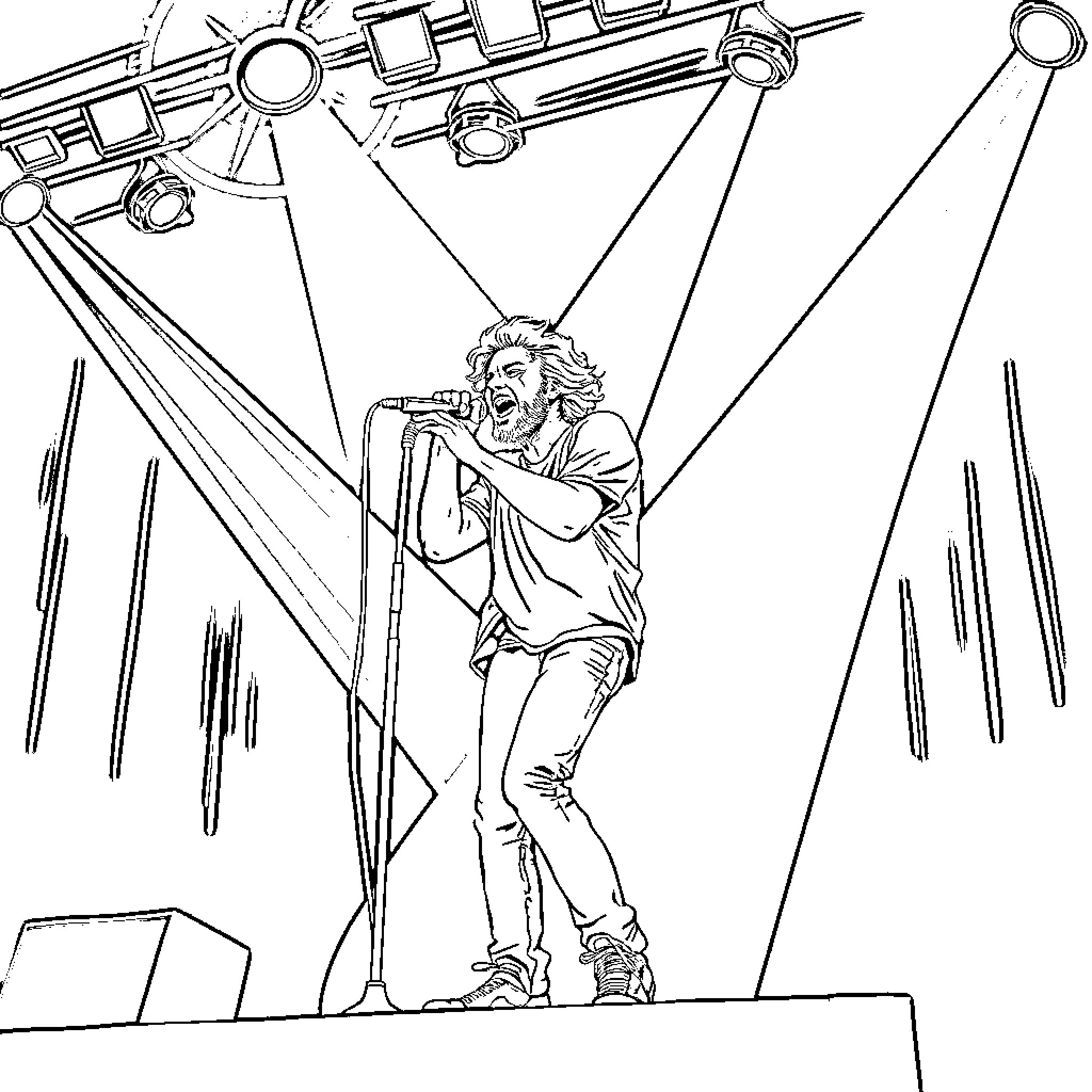 Layne Staley performing on stage Coloring Page (free black-and-white line drawing printable PDF for all, from beginners to advanced learners, including children, teens, adults, and seniors)