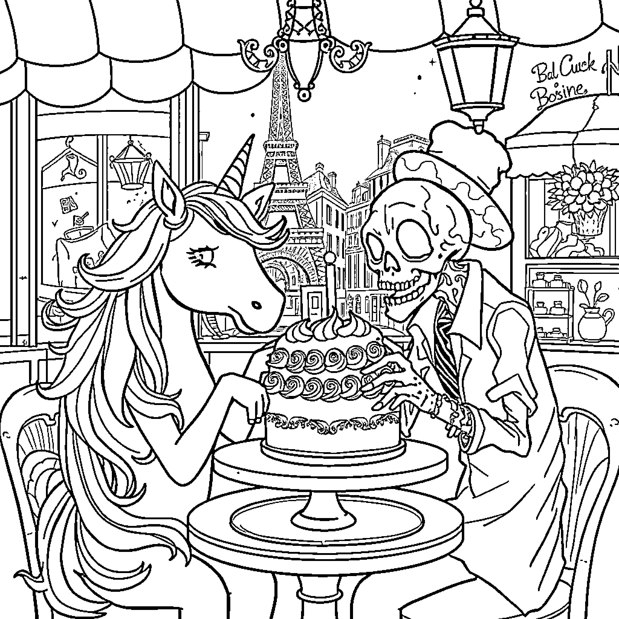Unicorn celebrating a spooky birthday party Coloring Page (free black-and-white line drawing printable PDF for all, from beginners to advanced learners, including children, teens, adults, and seniors)