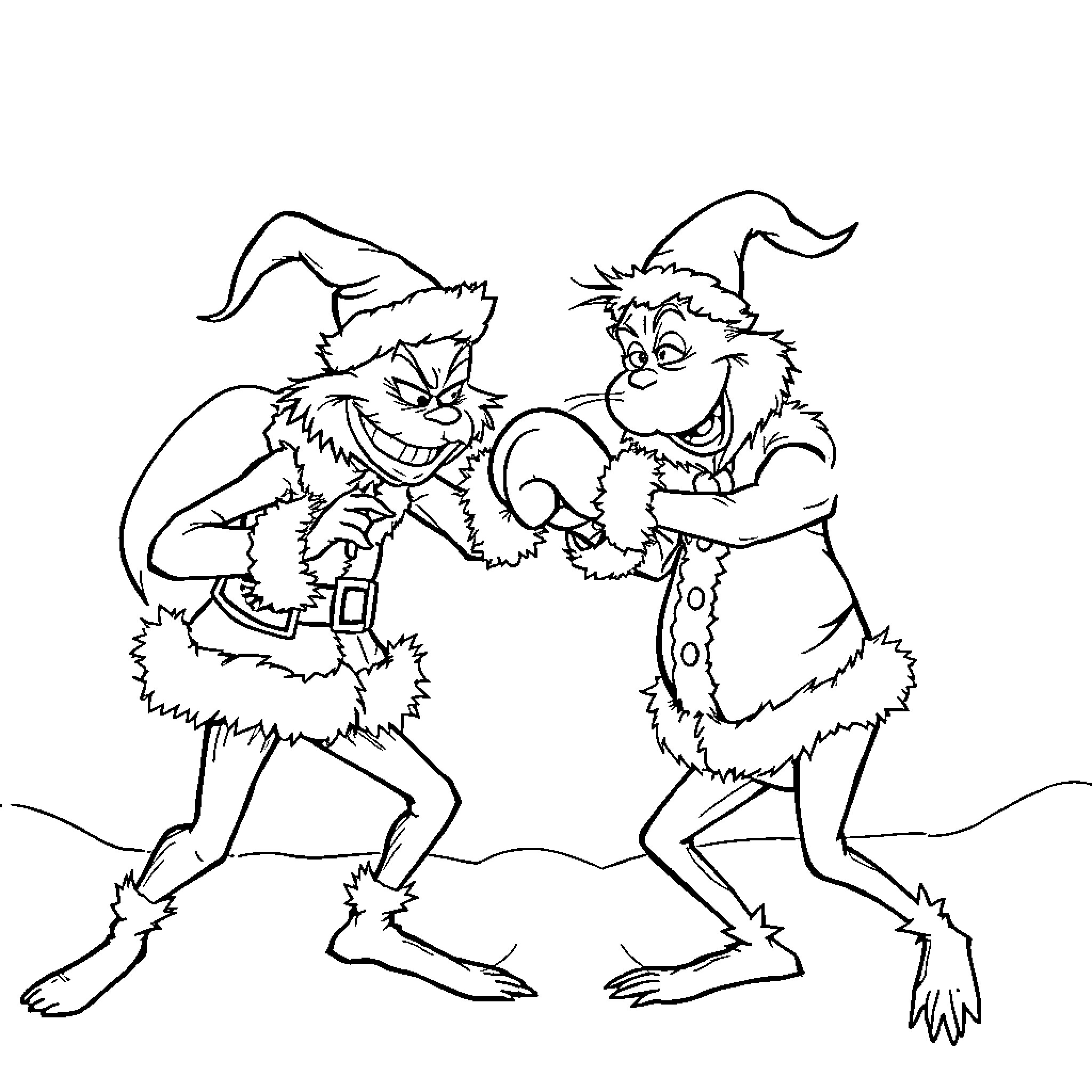 Grinch characters in playful poses Coloring Page (free black-and-white line drawing printable PDF for all, from beginners to advanced learners, including children, teens, adults, and seniors)