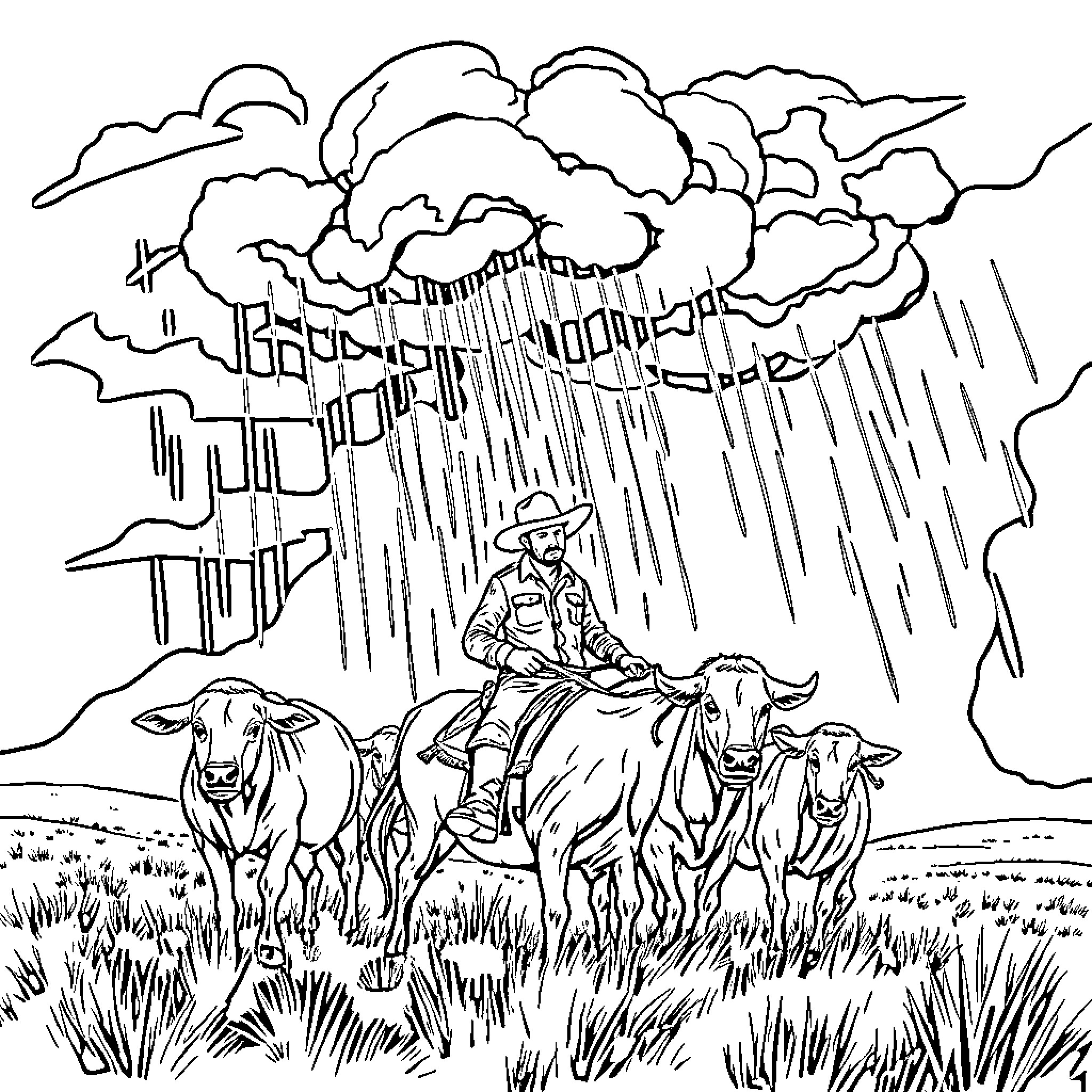 Rancher riding through stormy weather with cattle Coloring Page (free black-and-white line drawing printable PDF for all, from beginners to advanced learners, including children, teens, adults, and seniors)