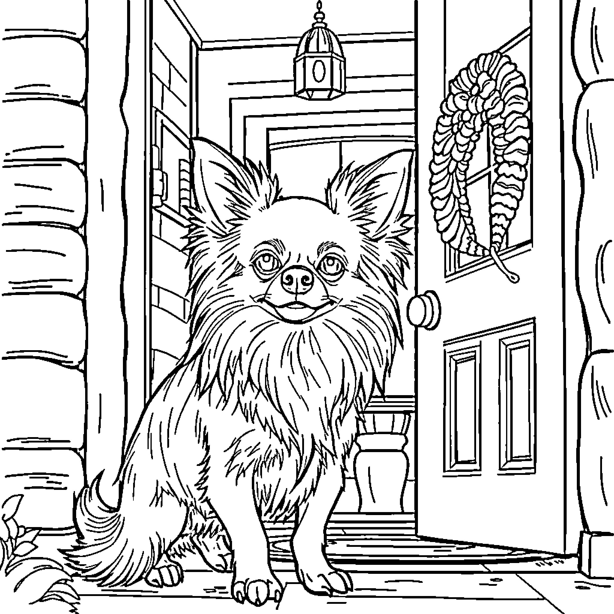 Chihuahua guarding its home with vigilance Coloring Page (free black-and-white line drawing printable PDF for all, from beginners to advanced learners, including children, teens, adults, and seniors)