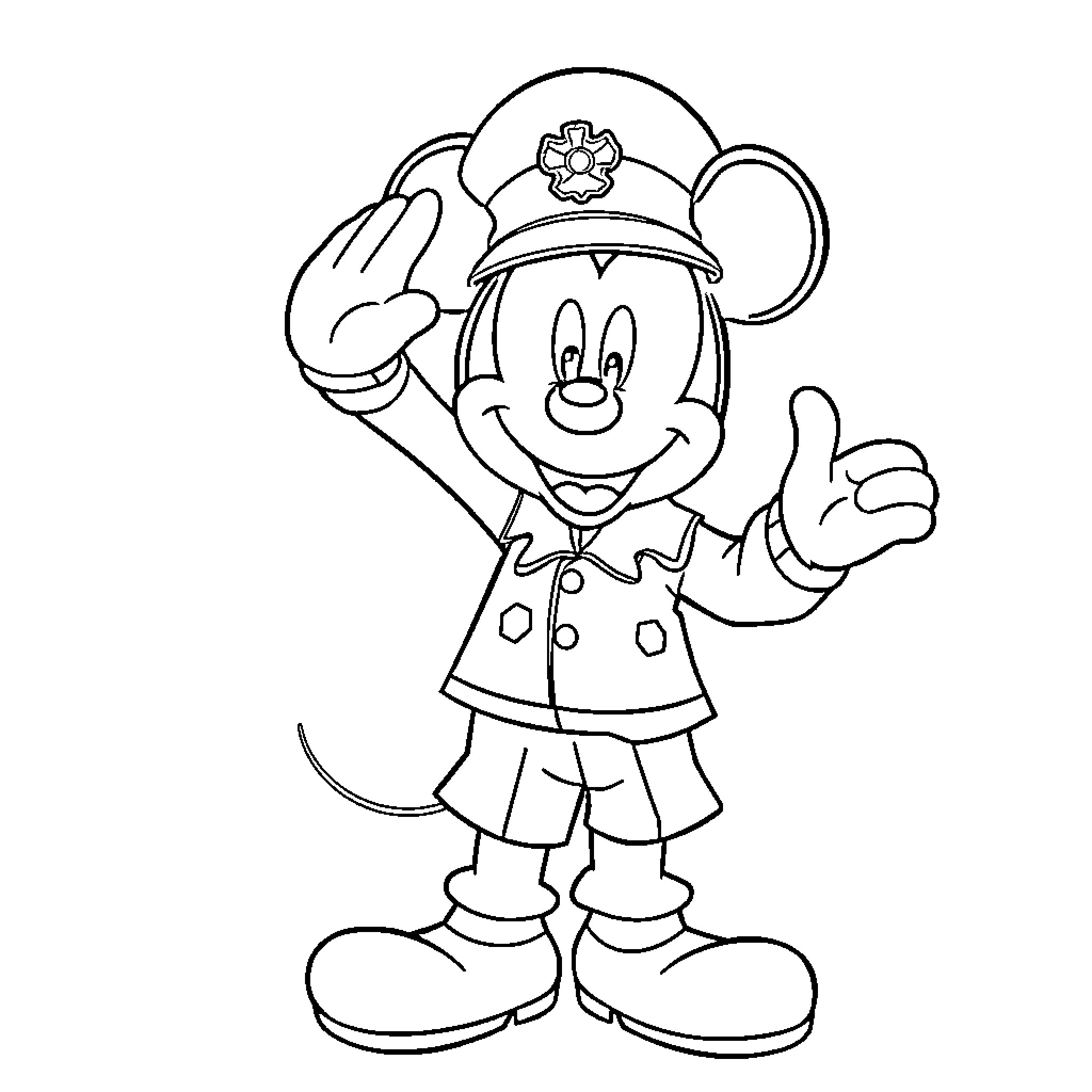 Mickey Mouse as a police officer giving a thumbs up Coloring Page (free black-and-white line drawing printable PDF for all, from beginners to advanced learners, including children, teens, adults, and seniors)
