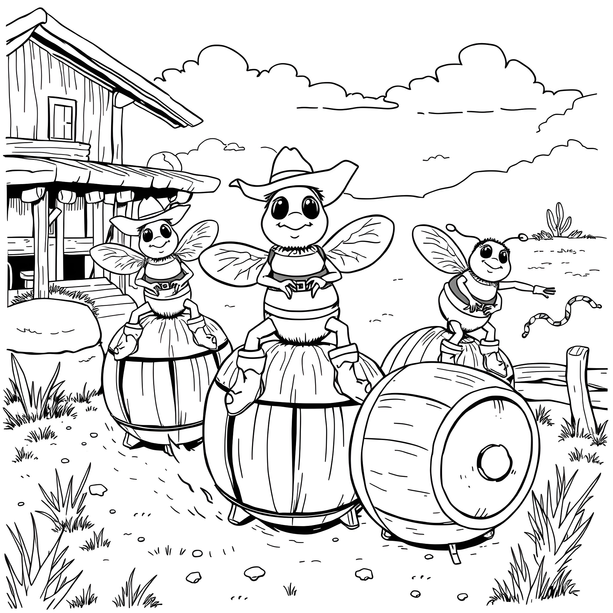 Cowboy Bee Playing Music in the Countryside Coloring Page (free black-and-white line drawing printable PDF for all, from beginners to advanced learners, including children, teens, adults, and seniors)