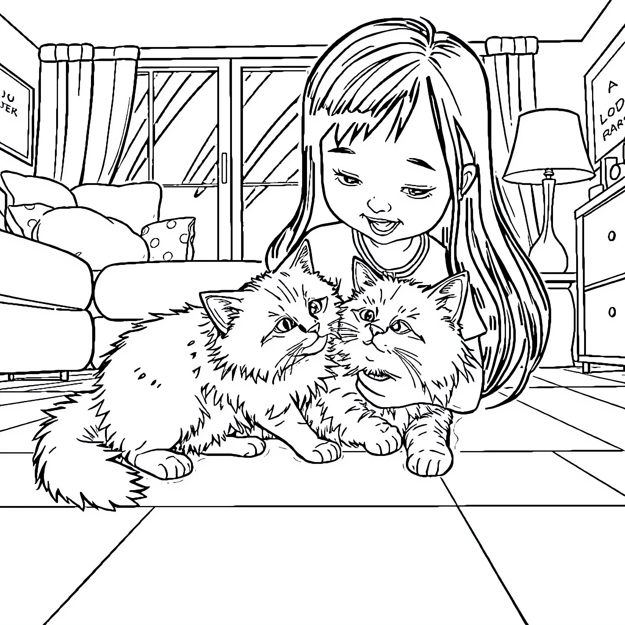 Juego de una niña con sus mascotas Coloring Page (free black-and-white line drawing printable PDF for all, from beginners to advanced learners, including children, teens, adults, and seniors)