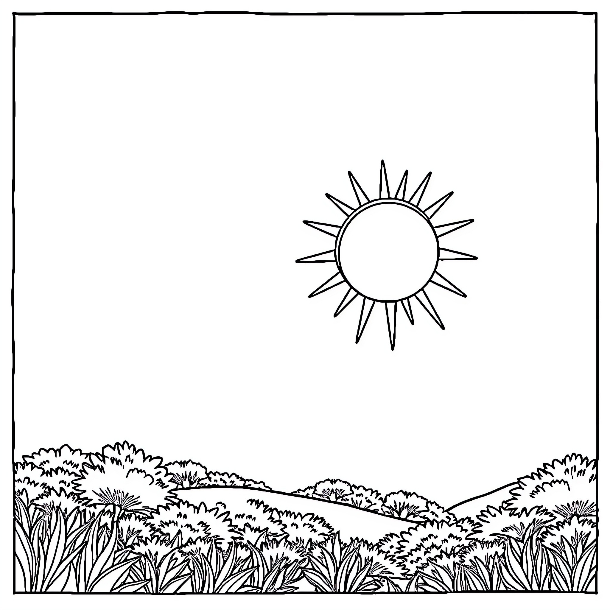 Sun shines brightly over natural landscape Coloring Page (free black-and-white line drawing printable PDF for all, from beginners to advanced learners, including children, teens, adults, and seniors)