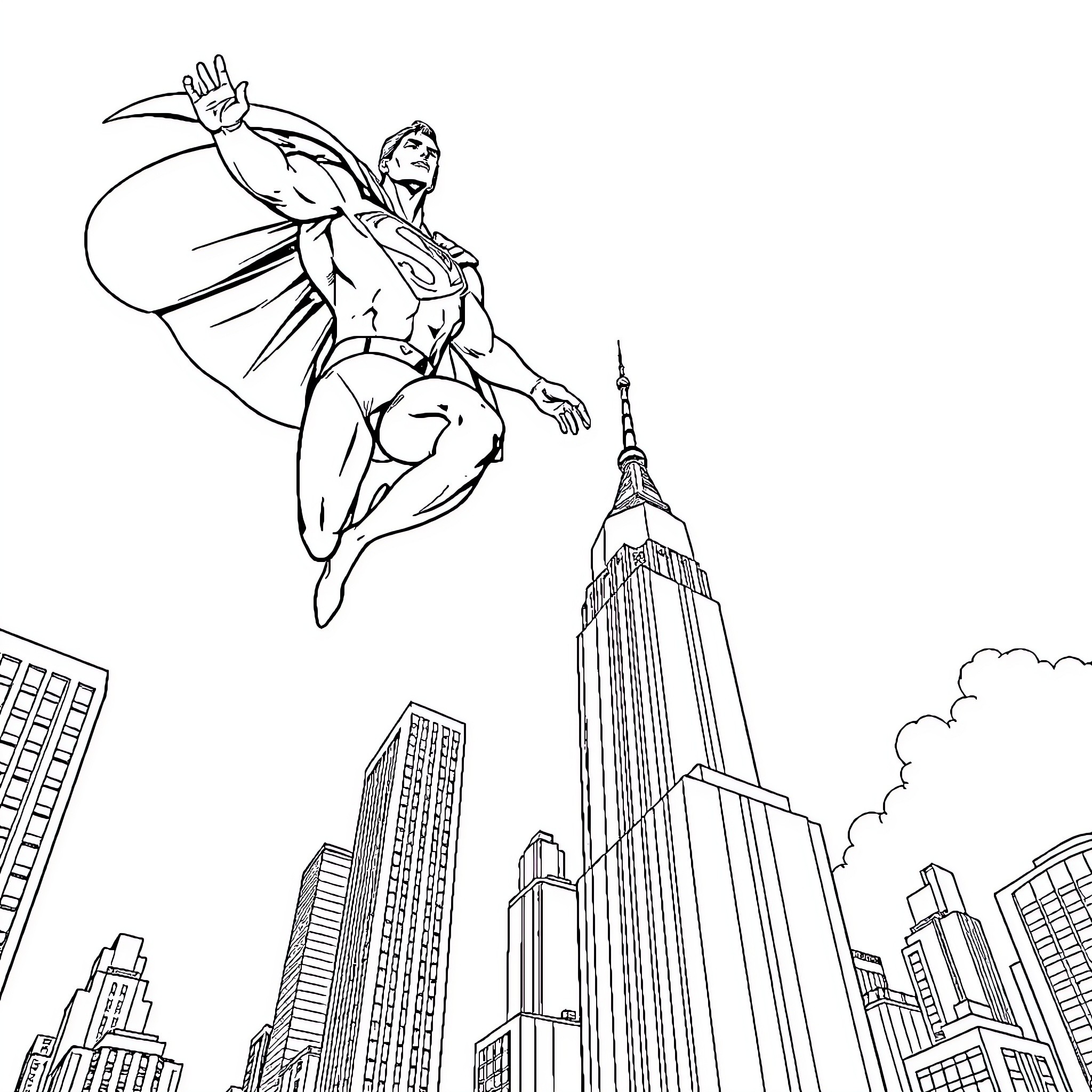 Superman soaring over the city skyline Coloring Page (free black-and-white line drawing printable PDF for all, from beginners to advanced learners, including children, teens, adults, and seniors)