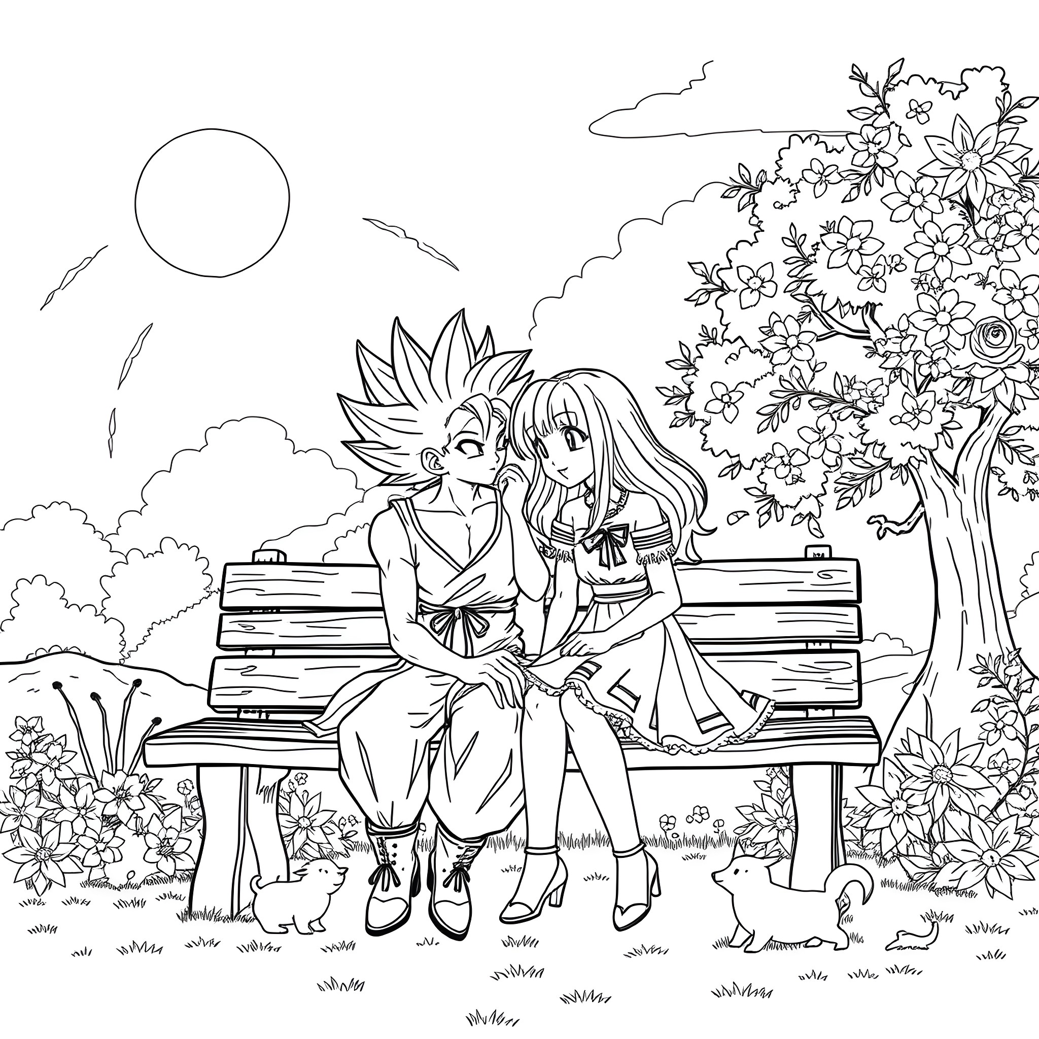 Bulma and Goku's Peaceful Afternoon Coloring Page (free black-and-white line drawing printable PDF for all, from beginners to advanced learners, including children, teens, adults, and seniors)